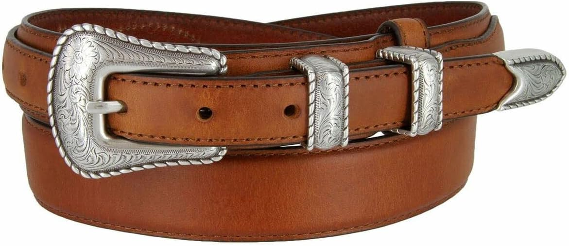 Silver Buckle Set Oil-Tanned Genuine Leather Western Ranger Belt for Men