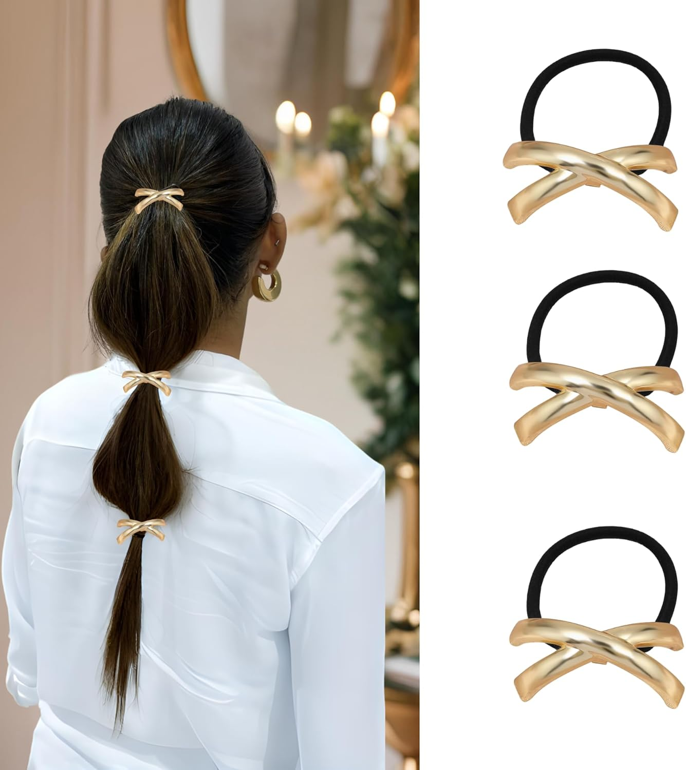 Bottega Della Principessa - Metal Hair Scrunchie Gold, Hair Accessories for Women Gold, Hair Bobbles with Golden Metal Plate, Pack of 3
