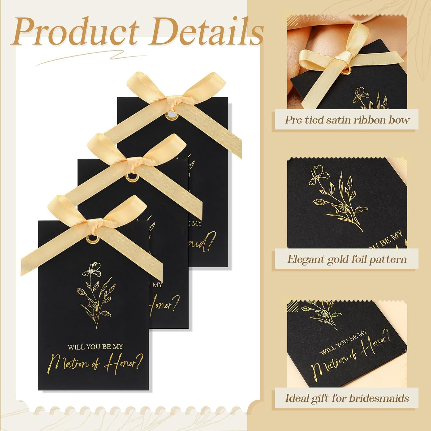 11 Pcs Bridesmaid Proposal Card with Ribbon Bow Floral Metallic Bridal Gift 8 Will You Be My Bridesmaid 2 Maid of Honor 1 Matron of Honor Invitation for Bridal Shower (Black, Gold) image number 4