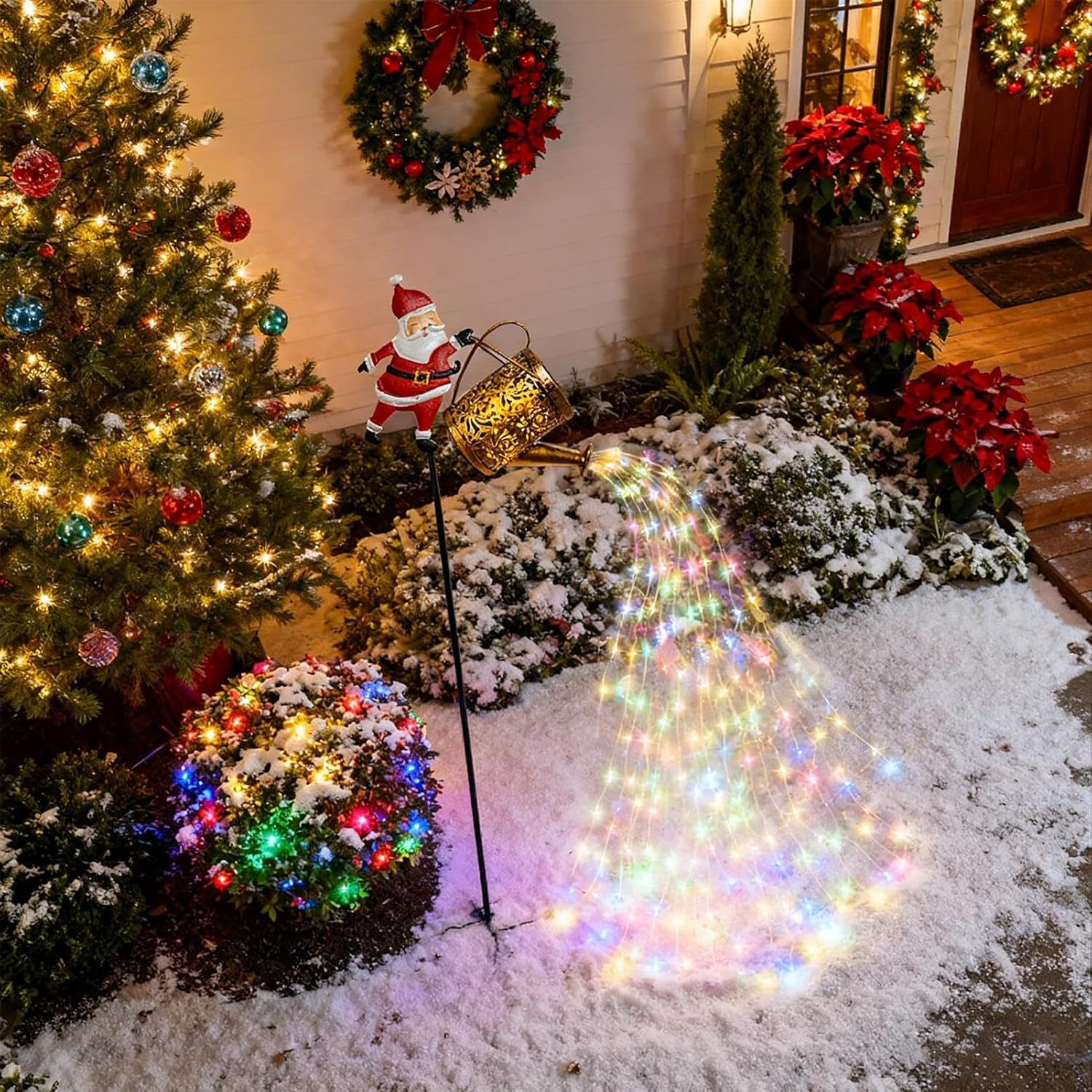 Christmas Solar Santa Claus Lights, Waterproof Outdoor Decorative Garden Pathway Stake with Vintage Metal Watering Kettle, Festive Yard Lawn Decoration for Holiday Displays Ambiance image number 2