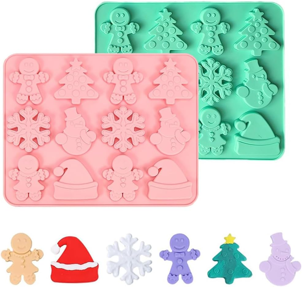 Christmas Silicone Molds,2 PCS 12 Cavities Candy Baking Molds,For Mini Cakes, Handmade Soap, Chocolate, Jello, Candy and Candles,With Snowflake Gingerbread Santa Snowman Molds image number 2