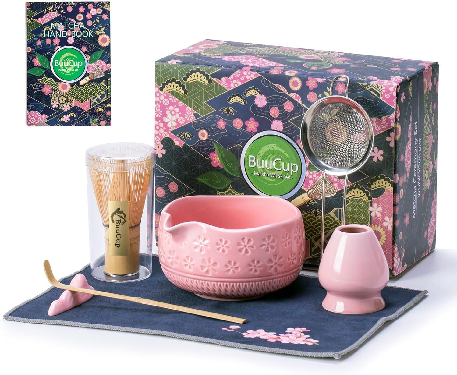 Matcha Whisk Set, Ceramic Matcha Set Includes Matcha Bowl, Matcha Whisk and Holder, Bamboo Scoop, Scoop Rest, Sifter and Tea Towel - 7 Pcs Matcha Kit for Matcha Lovers (Pink) - Mottled Green image number 4