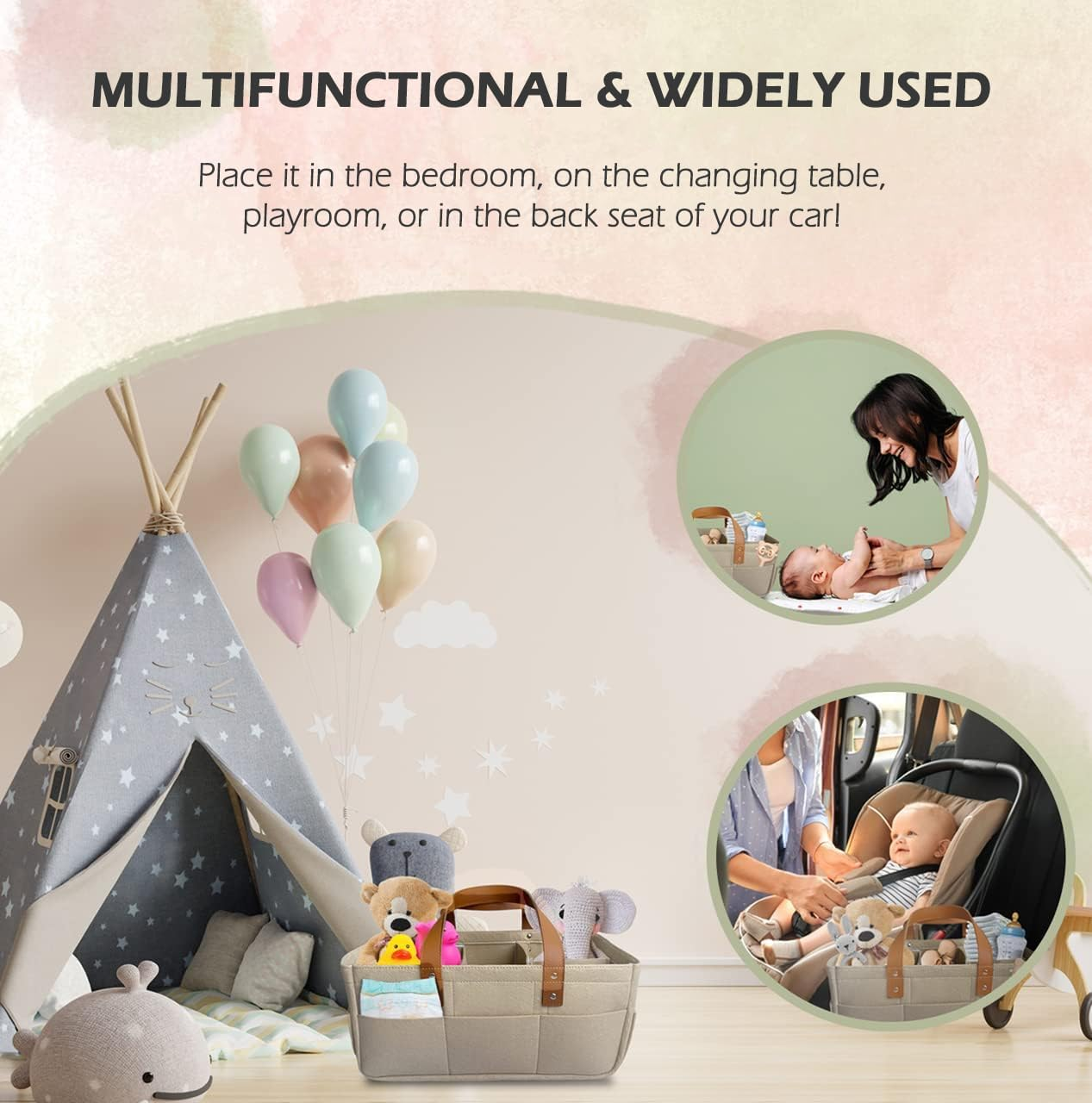 Misenfar Baby Diaper Caddy Organizer, Large Baby Nappy Caddy Storage Basket, Portable Caddy Organizer with 3 Removable Dividers, Basket for Nursery with Changing Pads & Storage image number 2