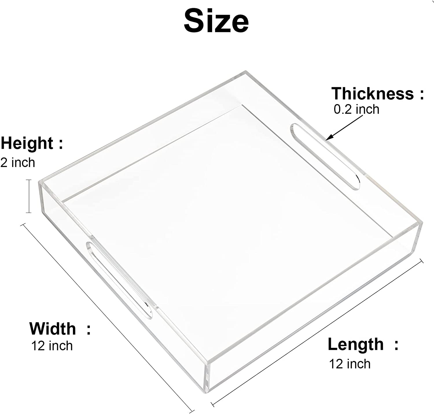 Boxalls Acrylic Serving Tray 12X12 Inch, Clear Rectangular Tray with Handle, Decorative Ottoman Tray Organizer for Appetizer, Breakfast, Coffee Table, Countertop, Bathroom image number 1