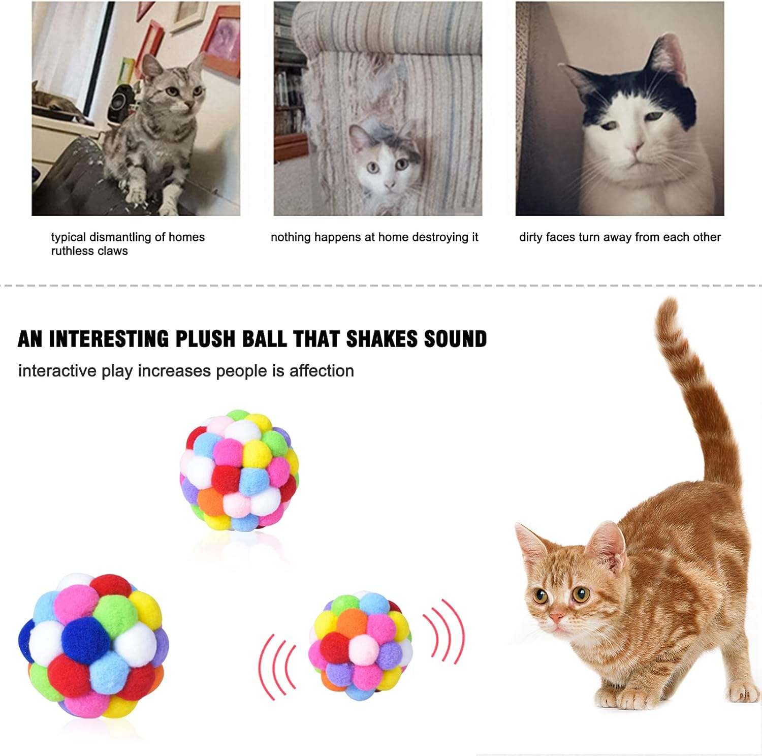 Ehuihuan Colourful Plush Balls Cat Toy, Interactive Cat Toy Ball with Bell, Set of 3 Colourful Cat Balls for Kittens, Cat Toys for Cats and Kittens, Game and Fun, L, M, S