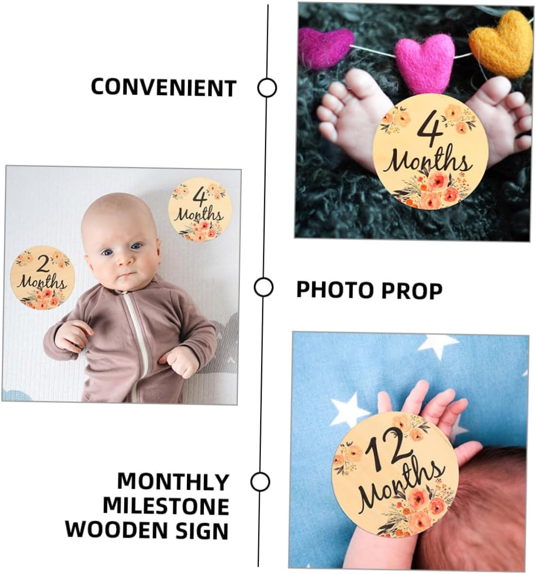 Toddmomy 12 Pcs Wooden Monthly Milestone Cards Double Sided Photo Props for Newborn Growth Tracking Chic Milestone Discs for Room Decor and Memorable Moments image number 5