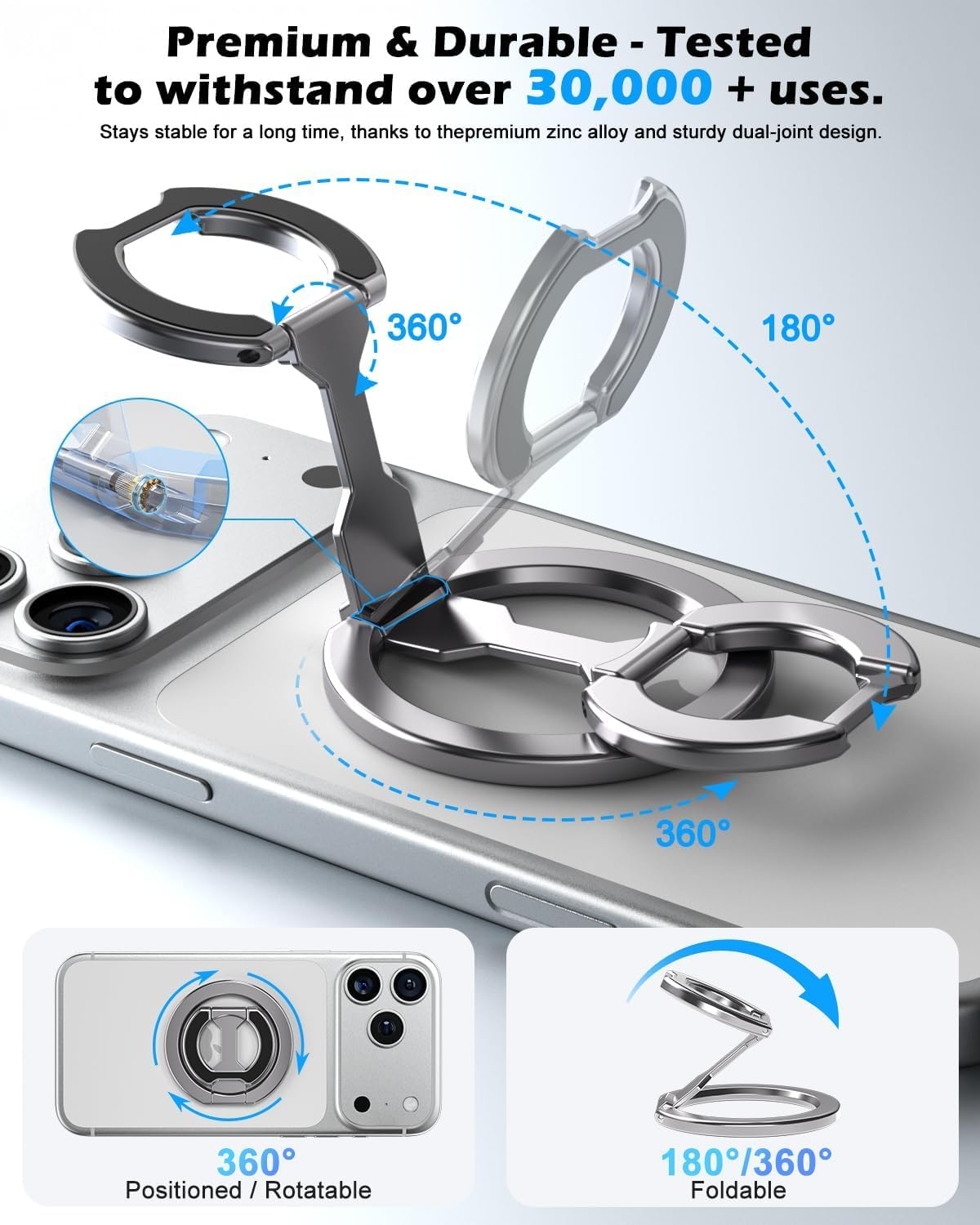 Cloudvalley Magnetic Phone Ring Holder for Magsafe, Dual-Sided Removable Phone Grip with 360&deg;Rotating Kickstand, Strong Magnet for Iphone 17 16 15 14 13 12 Series & Magnetic Car Mounts, Gray - Silver image number 5