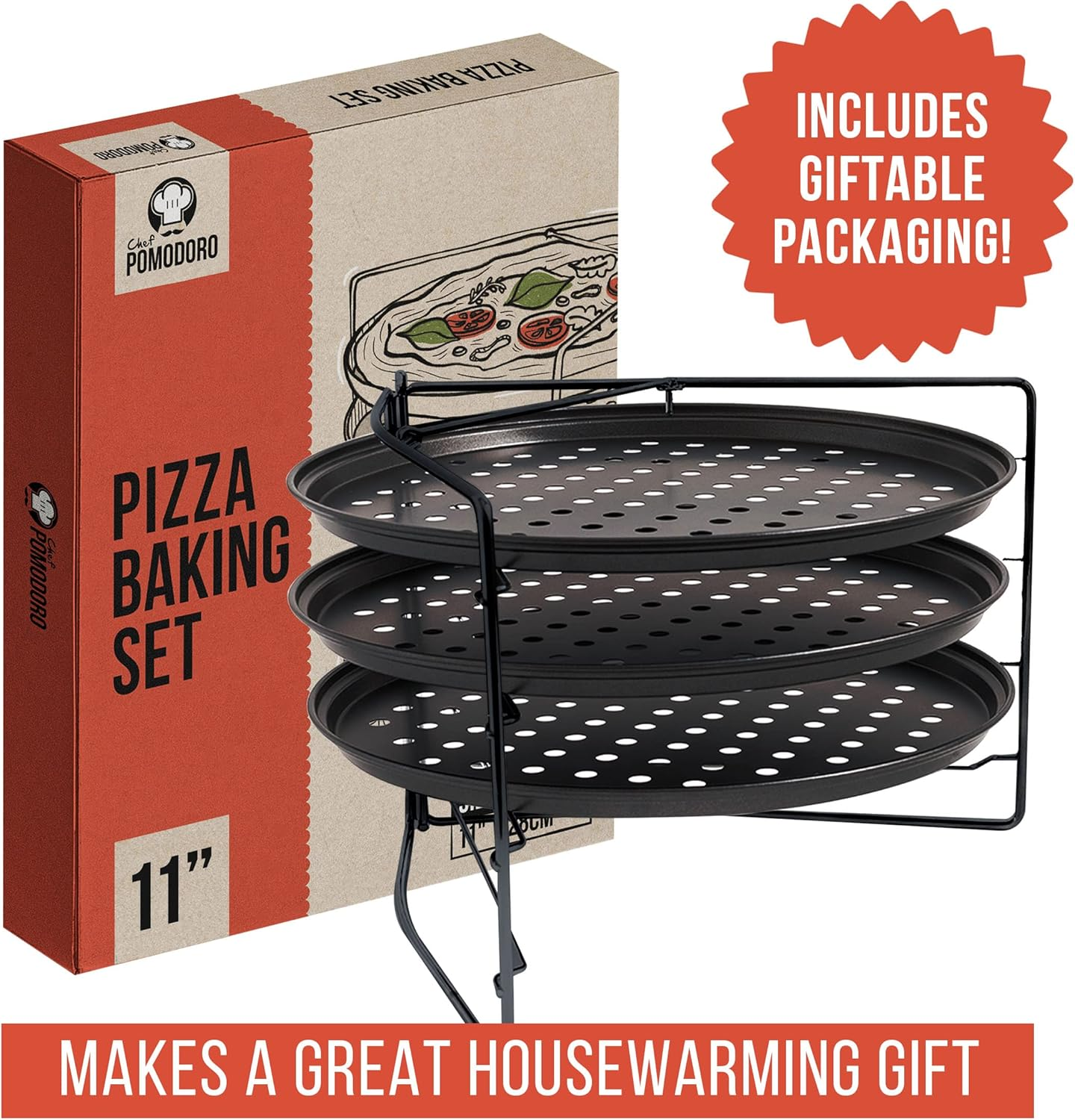 Chef Pomodoro Pizza Baking Set with 3 Pizza Pans and Pizza Rack, (11-Inch Pans), Non-Stick Perforated Pizza Trays for Oven, Grill, Pizza Pan with Holes, Pizza Pan for Oven, Barbeque, Bakeware Supplies