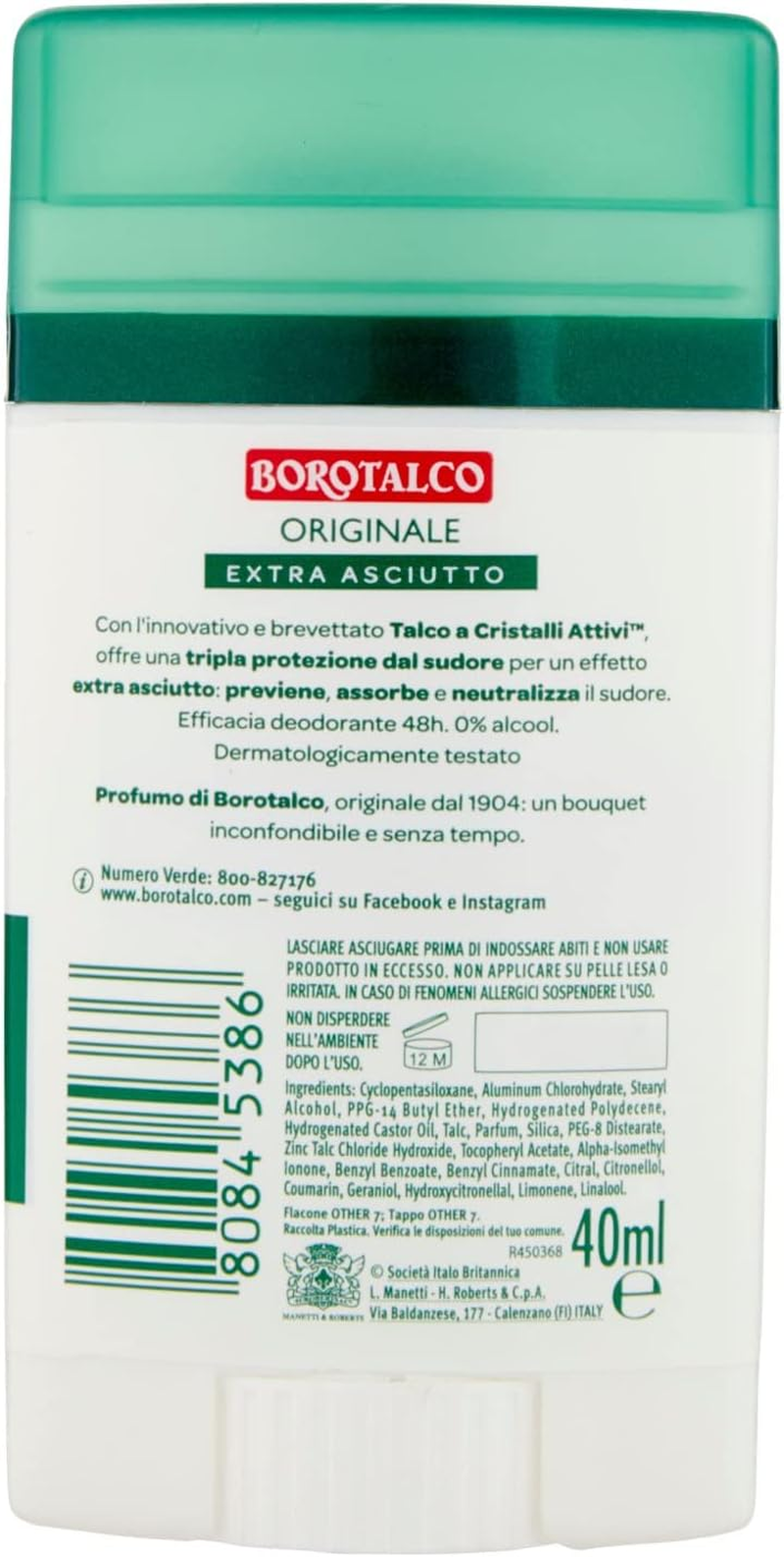 Borotalco, Original Deodorant Stick, Alcohol-Free Formula and Aluminium Salts with Active Crystal Talc, Triple Dry Protection, Talcum Scent, 40 Ml image number 4