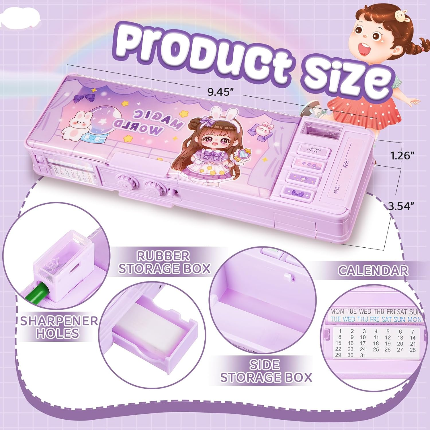 Pop up Multifunctional Pencil Case Organizer Cartoon Pen Box Pencil Box with Password Lock, Sharpener, Schedule, Whiteboard, Christmas Birthday Stationery Gifts for Teen (Purple,Magic World) image number 3