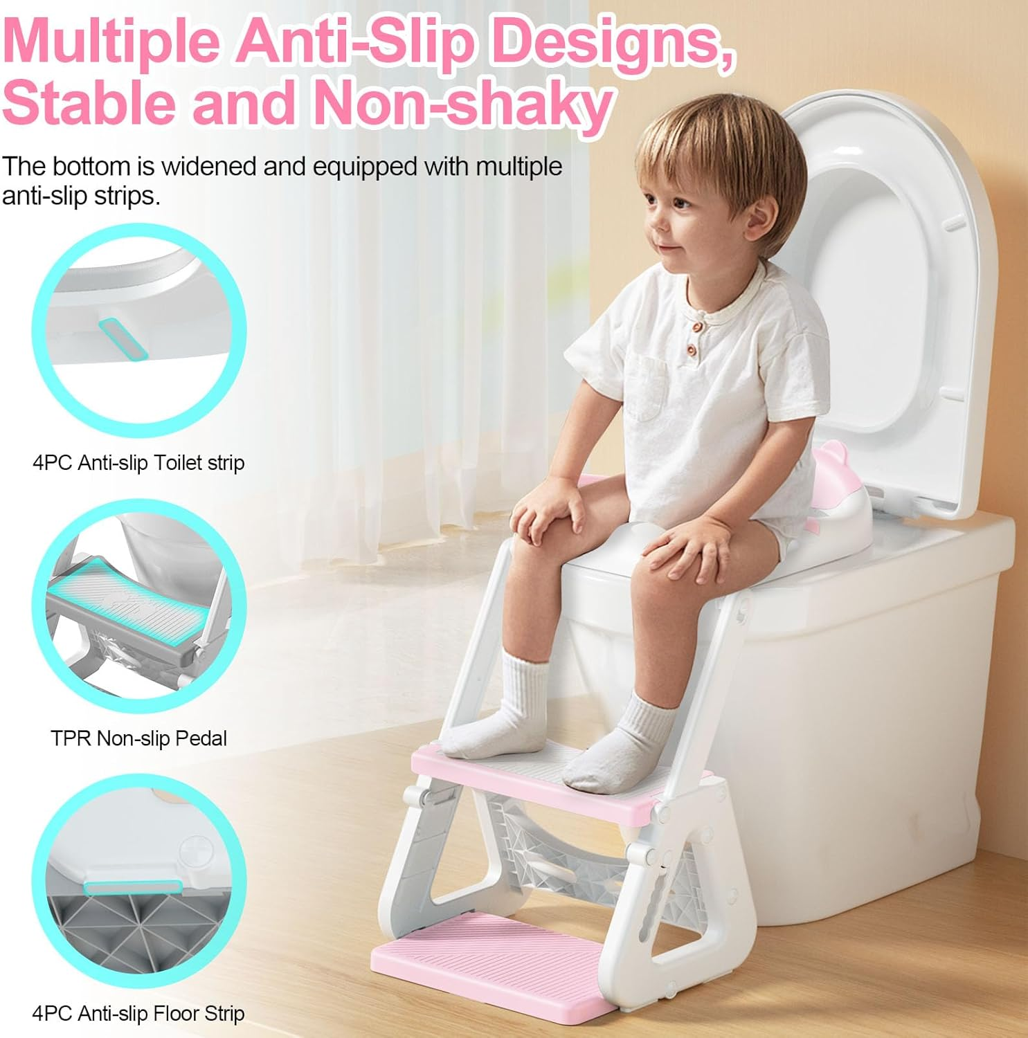 Kakeyrun Potty Training Toilet Seat, Upgrade Toddler Toilet Seat for Boys and Girls, 2-In-1 Potty Training Toilet with Step Stool Ladder Soft Cushioned Seat Splash Guard (Pink) image number 2