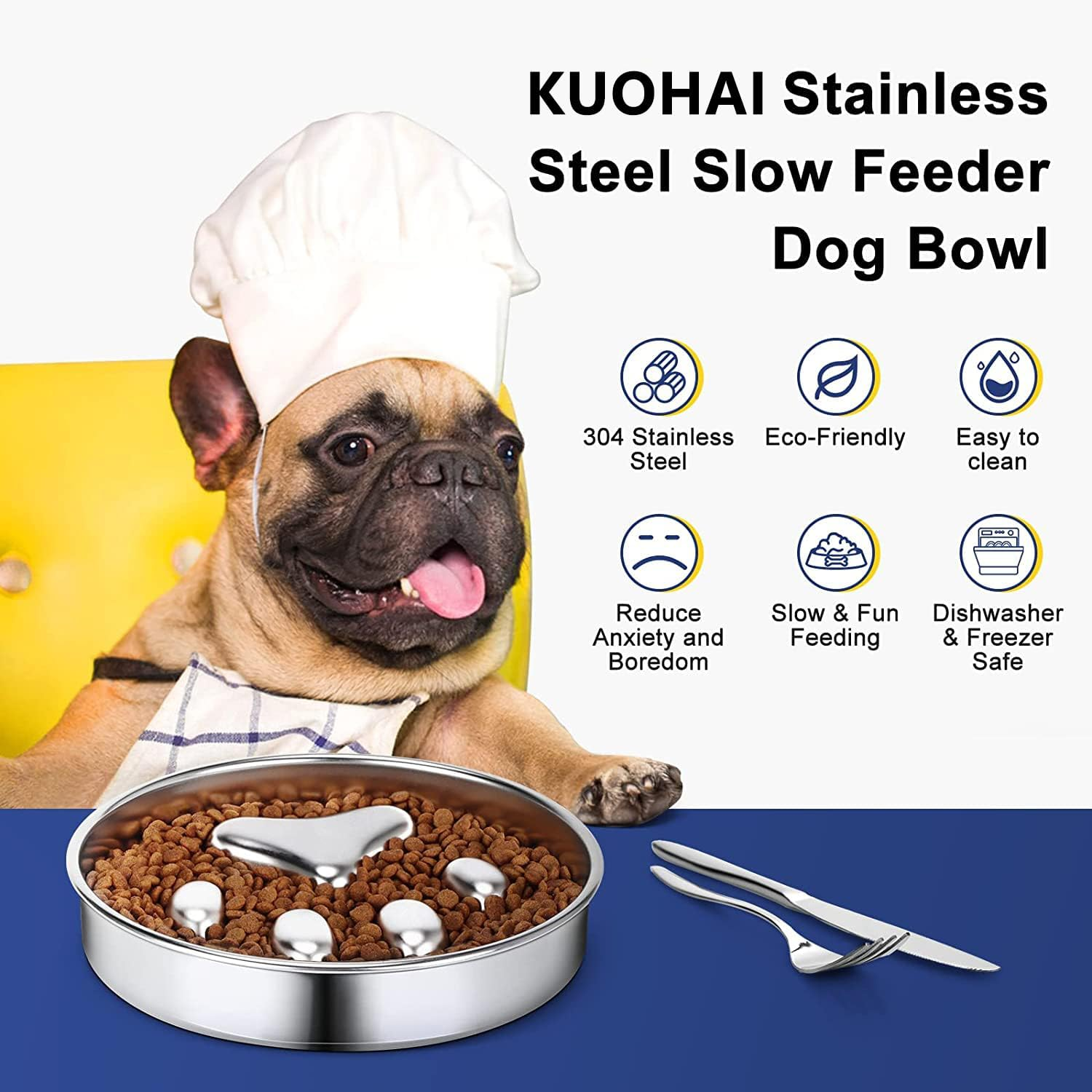 KUOHAI Slow Feeder Dog Bowls 304 Stainless Steel, 2 Cups Metal Dog Food Bowls, Dog Water Bowl for Small & Medium Sized Dogs, Fun Bloat Stop Pet Bowl for Fast Eaters image number 4