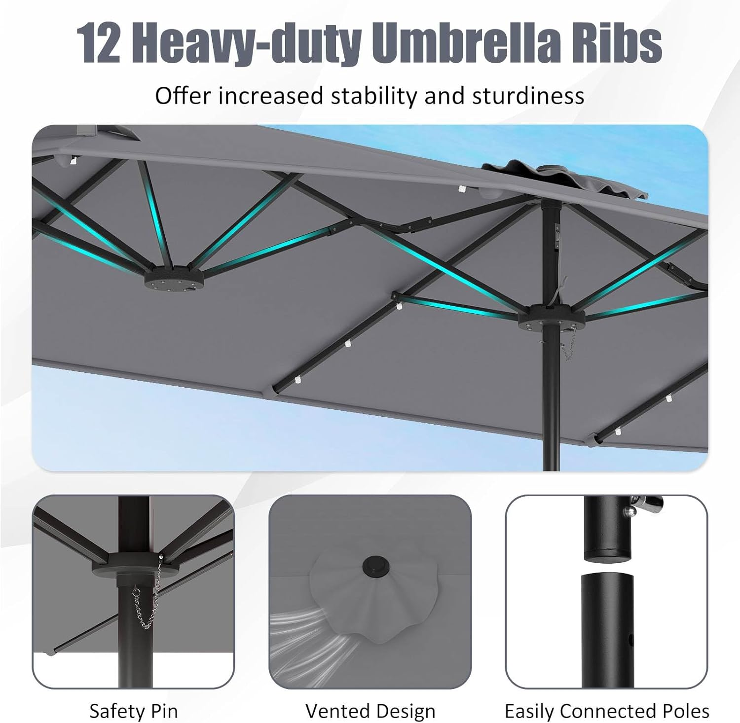 Costway 4 M Double-Sided Patio Umbrella with Base & Solar Lights, Outdoor Twin Umbrella W/ 48 LED Lights, Crank Handle, Air Vents, Oversized Rectangle Market Umbrella for Poolside Garden image number 3