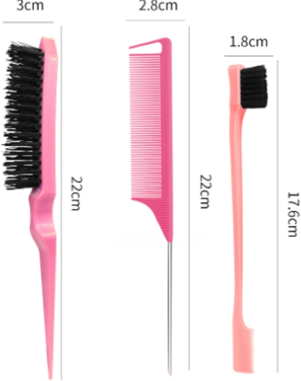 Hair Brush and Comb Set, Pink,3 Pcs Slick Back Hair Brush Set with Edge Brush, Bristle Brush, Rat Tail Comb, Teasing Brush Set for Smoothing Baby Hair & Flyaways - Pink