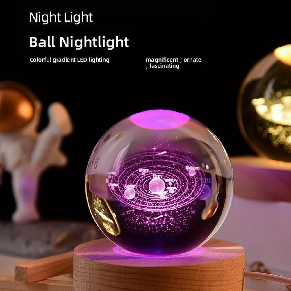 Rynova 3D Saturn Crystal Night Light for Kids Glass Night Lamp with Wooden Base Fantasy Decoration Crsytal Ball Saturn LED Galaxy Planet Nightlight Bedroom Decor