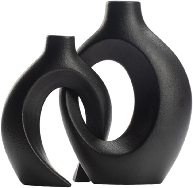 Hollow Ceramic Vase Set of 2, Modern Boho Style Decorative Flower Vases for Home Decor (2, Black)