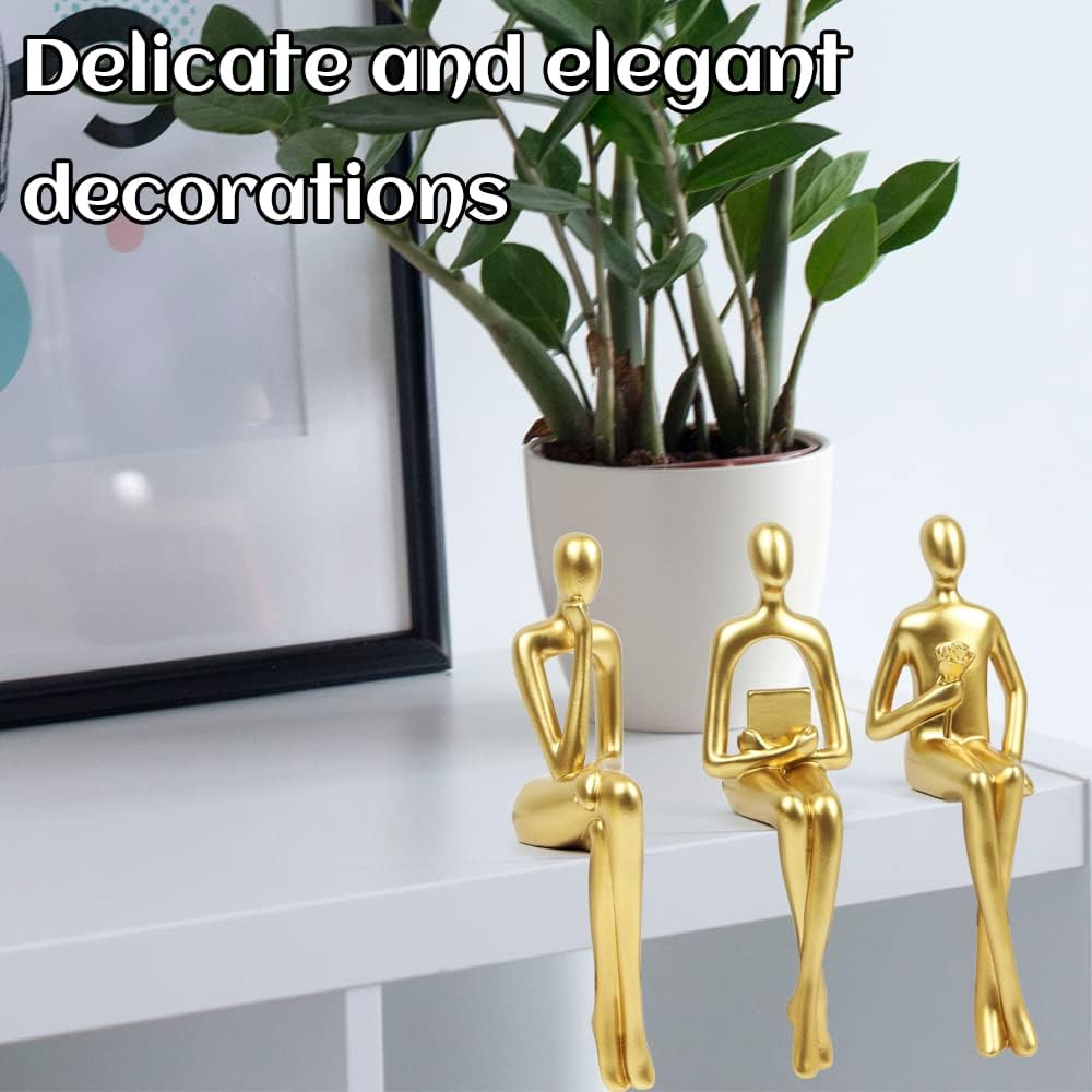 Kilarero 3Pcs Gold Decor Sitting Thinker Statue Abstract Sculpture, Bookshelf Decor Accents Resin Collectible Figurines for Home Office Living Room Table Desktop Decor(Gold) image number 1