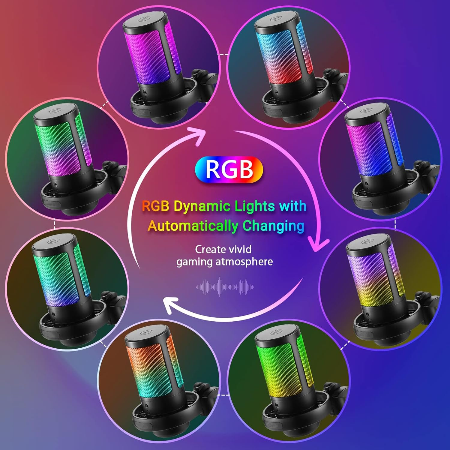 USB Microphone Gaming Mic with RGB Light, Condenser PC Podcast Microphone with Volume Control, Mute Button, Tripod Stand 3.5Mm Headphone Jack Compatible with Windows, Mac OS, Smartphones (Black) image number 5