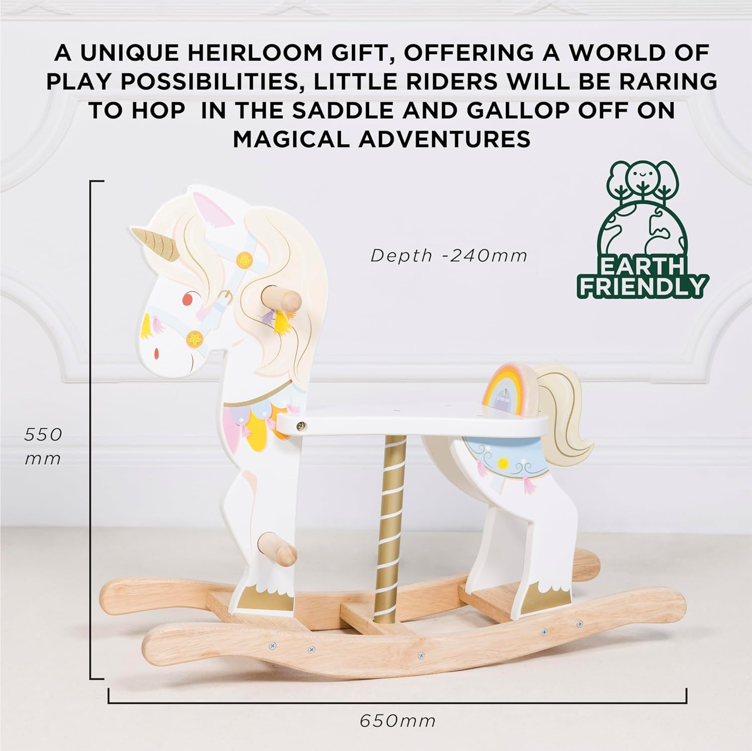 Le Toy Van - Petilou Wooden Multi-Sensory Colourful Wooden Pastel Rocking Unicorn Carousel Toy for Toddlers | Unisex Rocking Horse - Suitable for 1 Year Old + image number 2