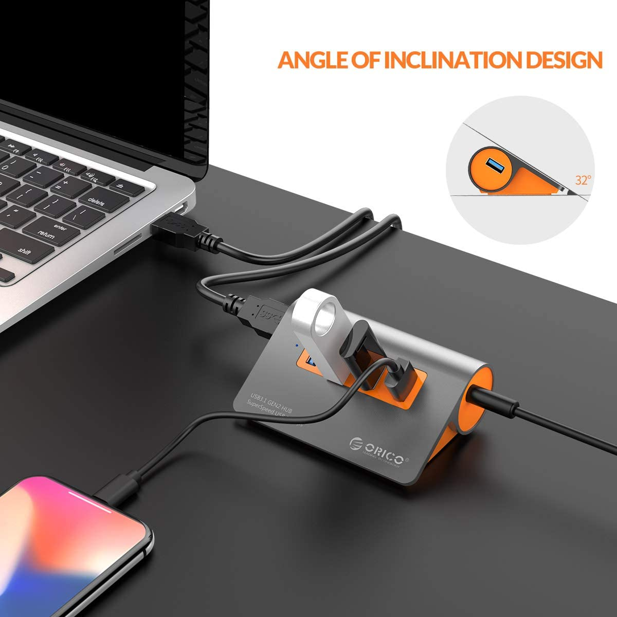 ORICO 4 Ports Powered USB 3.1 Gen2 Hub Aluminum Data Hub 10 Gbps Superspeed USB Splitter with 12V/2A Power Adapter for Desktop Pc/Laptop image number 3