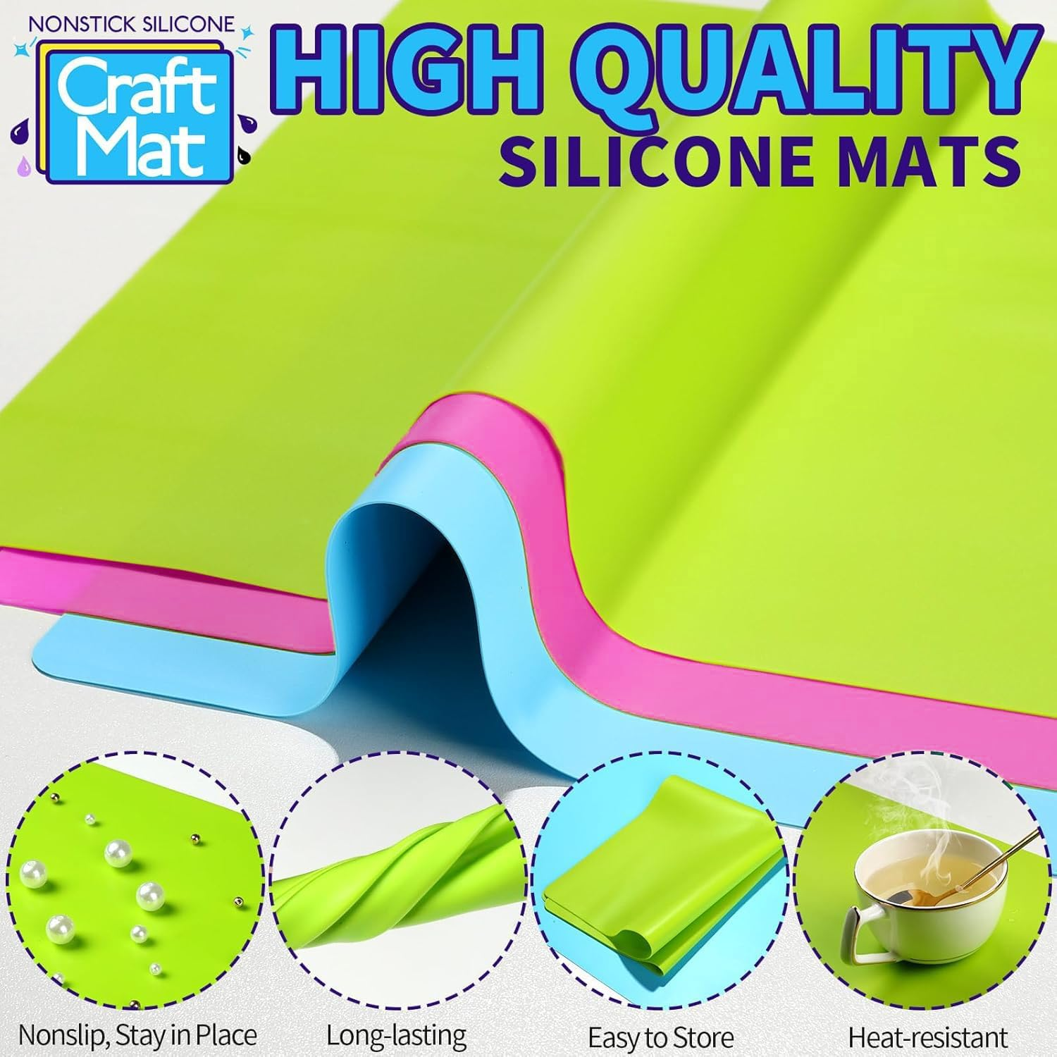 5Pcs Large Silicone Mats for Crafts,Silicone Placemats for Dining Table,Nonstick Nonslip Sheet, 15.7"X11.8" Craft Mat Table Protector(Blue&Gray&Green&Rose Red&Black) image number 5