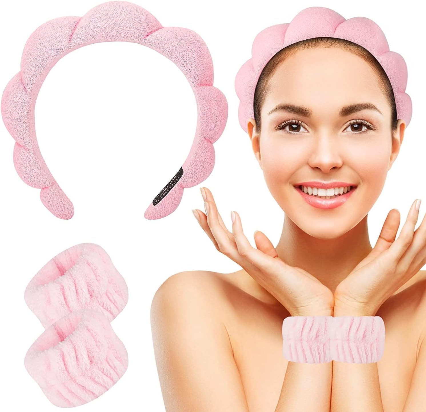 3 Piece Spa Headband Wrist Wash Band Set, Makeup Headband and Bracelet for Face Washing, Skin Care, Microfibre Wrist Towel Band, Hair Bands, Hair Accessories for Women, Girls (Pink)