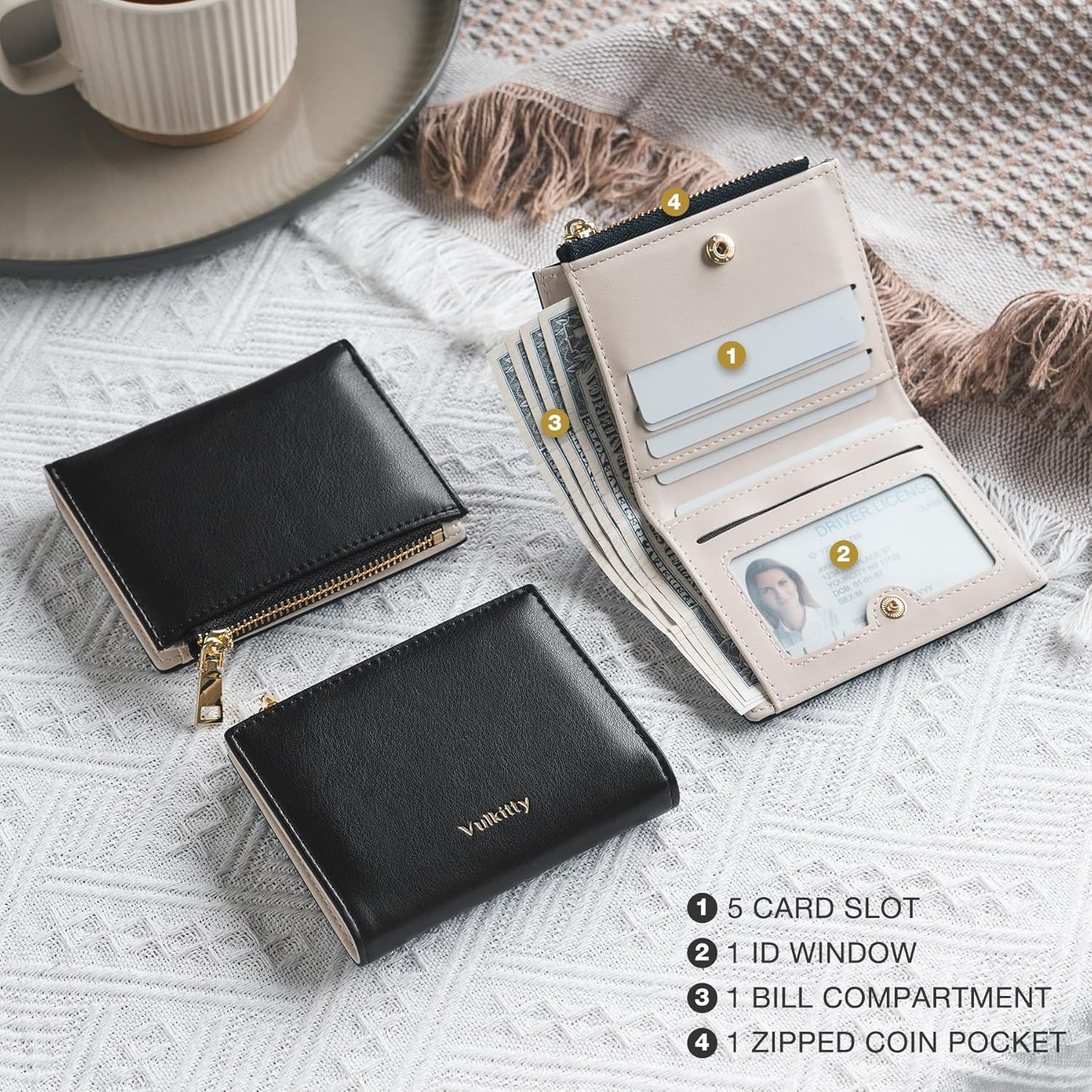 Vulkitty Small Wallet for Women with Coin Pocket RFID Blocking Card Holder Wallet Bifold Wallet Soft Leather, Black image number 6