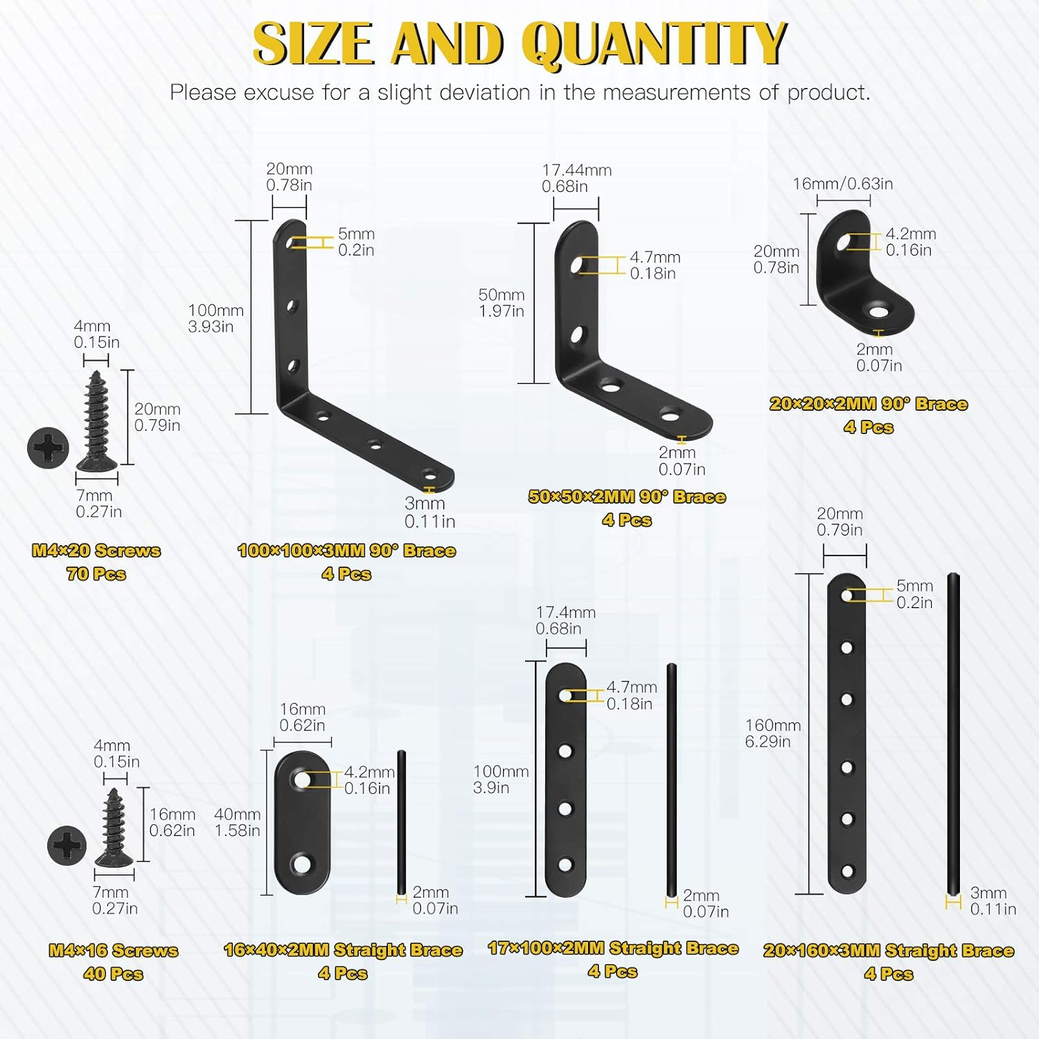 Mardatt 24 Sets Black Corner Braces L Brackets and Straight Braces Mending Plates Heavy Duty Assortment Kit with Screws Fasteners for Wood Shelf Chair Cabinet Furniture (20/50/100Mm,40/100/160Mm) image number 6