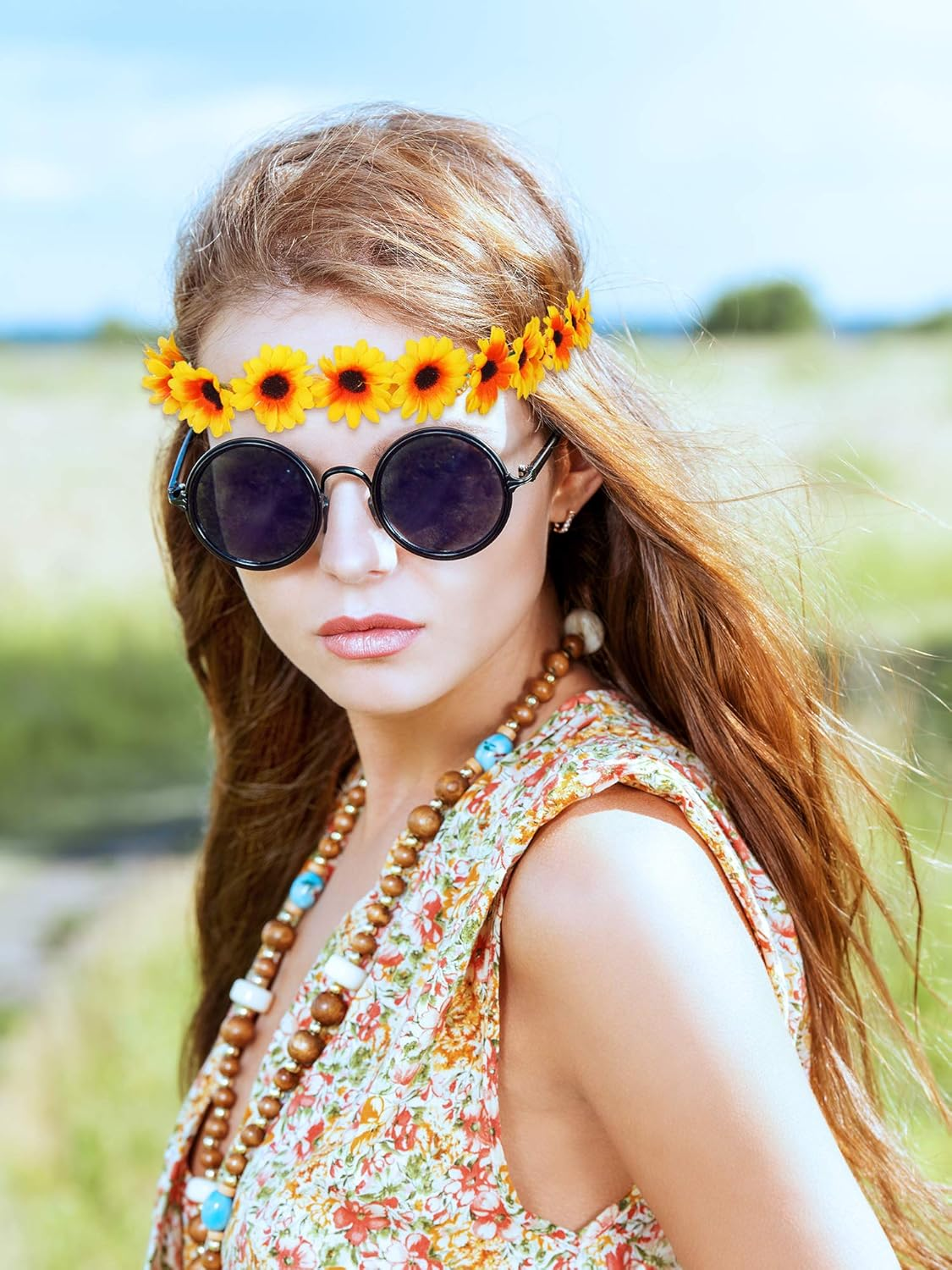 8 Pieces Sunflower Crown Hair Wreath Daisy Flower Headbands Hippie Headbands Adjustable Floral Bridal Headpiece for Hippie Party Wedding Festivals Photo Props - White, Yellow image number 5