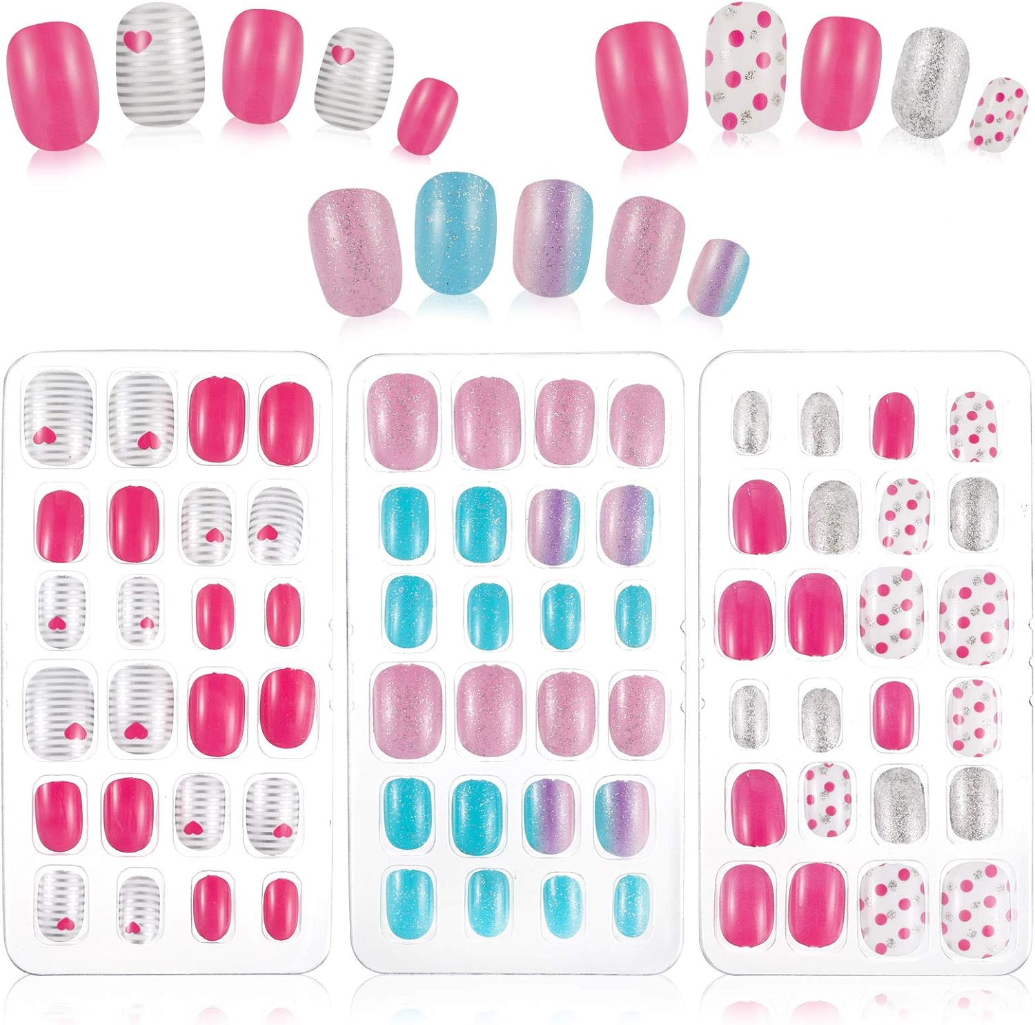 72 Pieces Girls Press on Nails Fake Nails Artificial Nail Tips Children Full Cover Short False Fingernails for Girls Kids Nail Art Decoration (Girls Press on Nails) image number 3