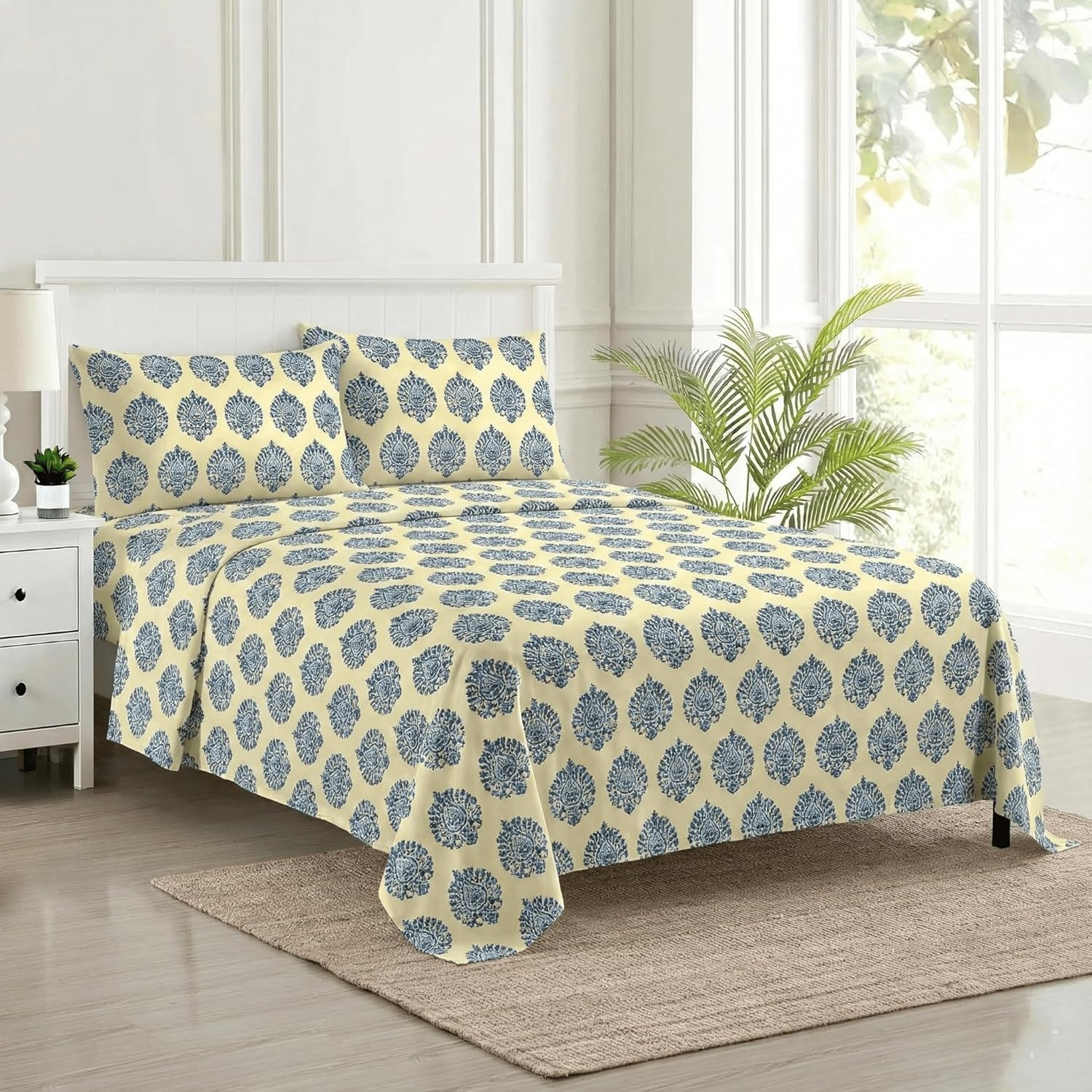 Trance Home Linen 200TC 100% Cotton Queen Size Printed Bedsheet | Bedding Set of Queen Size Flat Bed Cover with 2 Pillow Covers (86X104 Inch | 7.1Ft X 8.6Ft - Damask Blue) image number 3