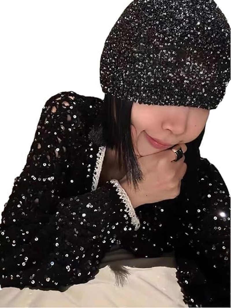 Sequin Knitted Beanie Hat for Women Men Glitter Winter Skull Caps Outdoor Windproof Cold Weather Bonnet image number 2