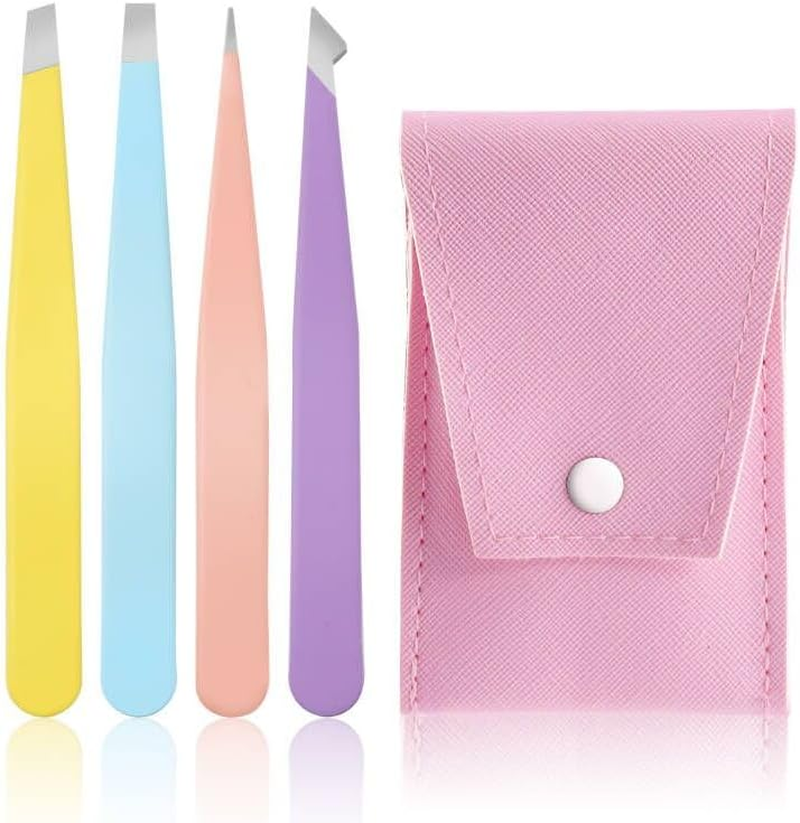 Swpeet 4Pcs 3.79 Inches Multi-Color Eyebrow Tweezers Stainless Steel Tweezers Kit with Leather Travel Case, Professional Slant Pointed Precision Tweezers Great Precision for Eyebrows Facial Hair