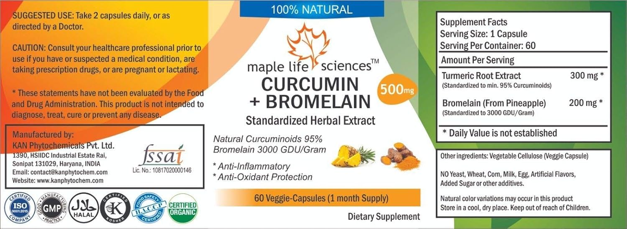 Curcumin 95% with Bromelain 3000 GDU - 500Mg - 60 Vegan Capsules - Builds Immunity image number 1