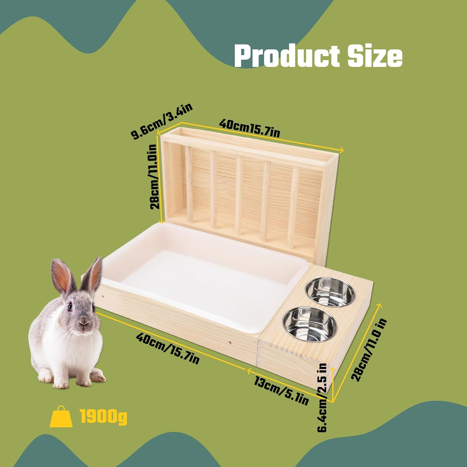 Rabbit Hay Feeder with Litter Box 2 Stainless Steel Bowls Mess Proof Wooden Bunny Feeding Manger for Chinchillas Hamster Small Anima image number 2