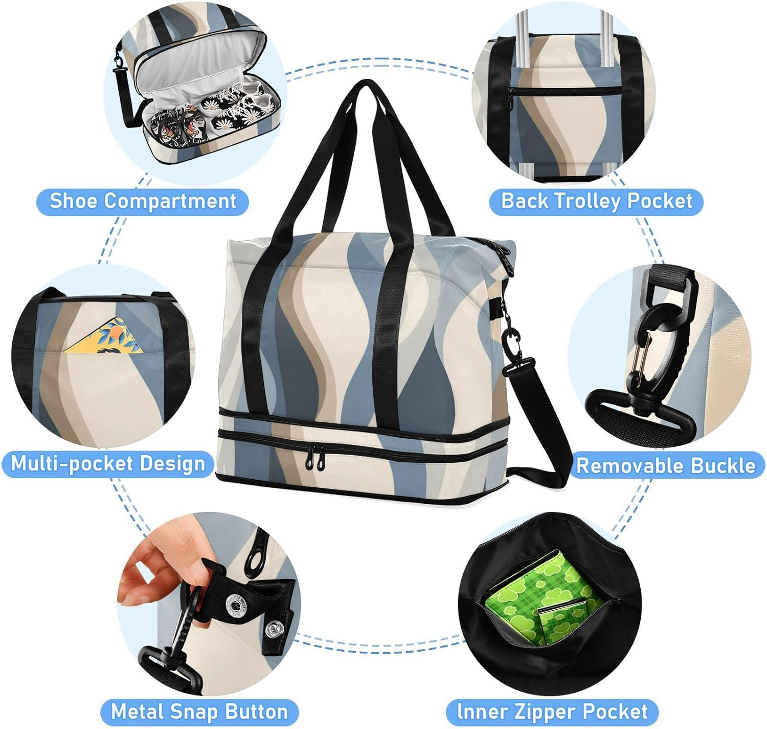 Abstract Blue Beige Tote Bag Travel Weekender Gear Bag with Adjustable Strap for Sports Foldable, Abstract Blue Beige, 1 Size