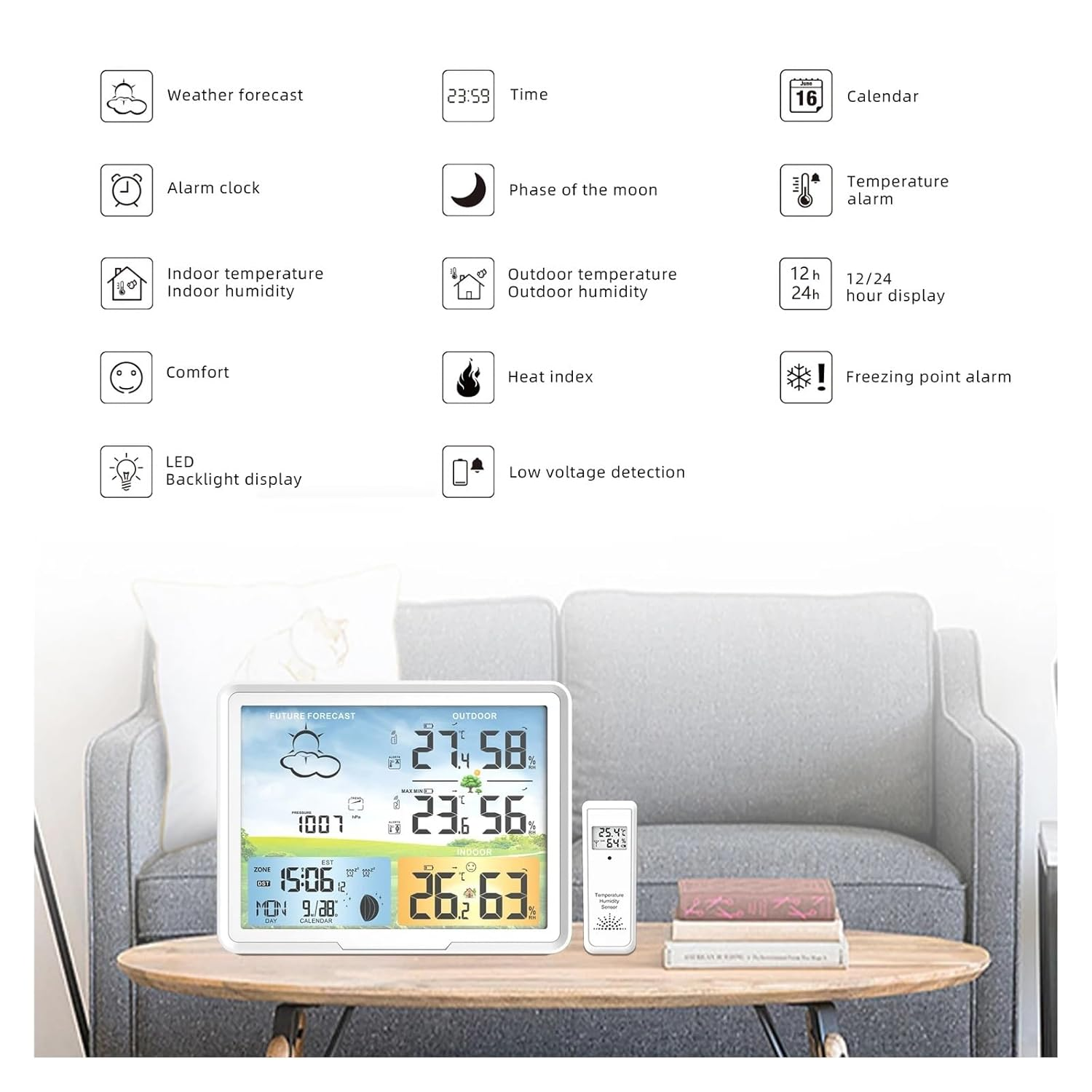 Wireless Weather Station 7" Colorful LCD Indoor Digital Thermometer Hygrometer Moon Phase Barometer Alarm Clock Forecast Sensor image number 4