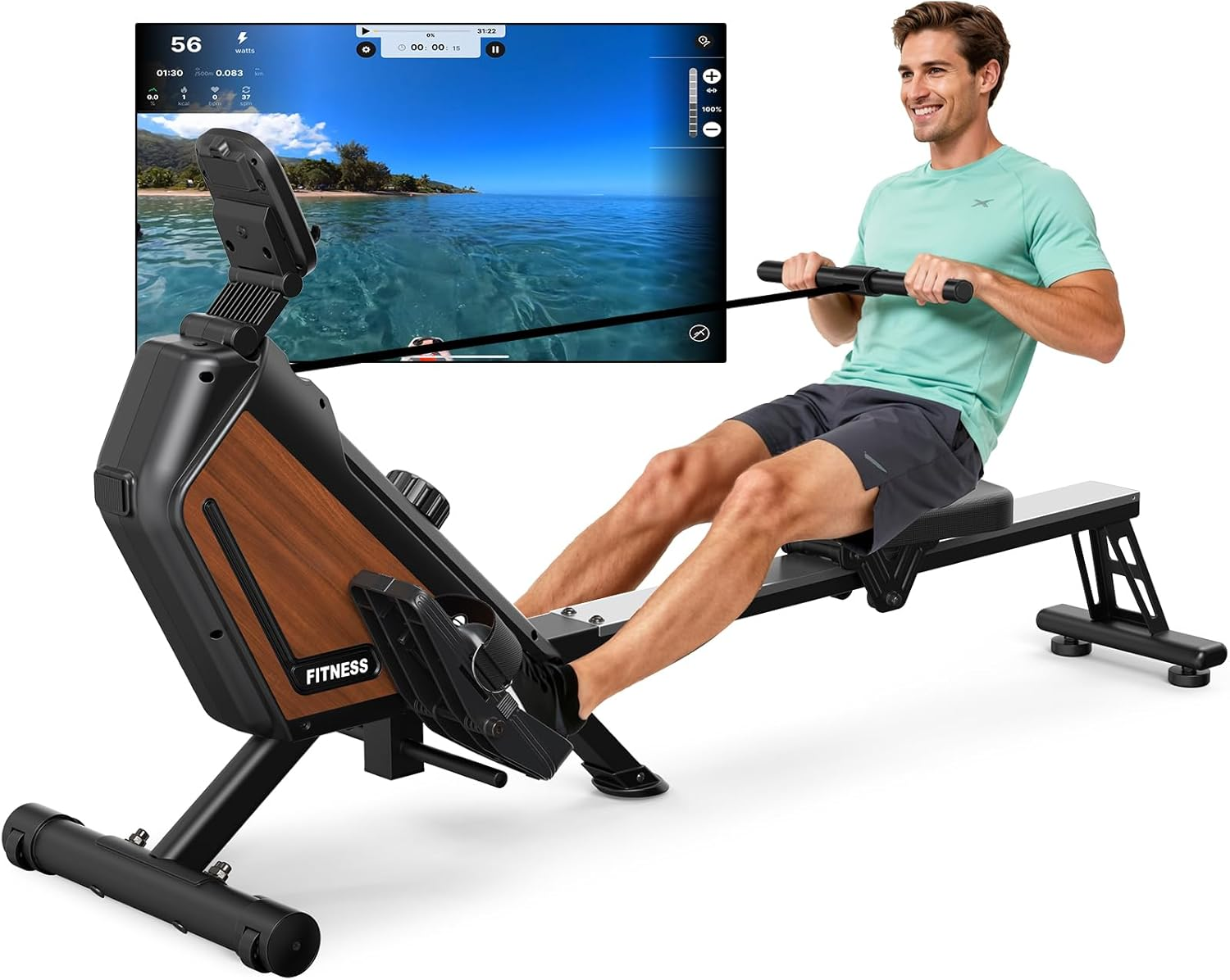 Magnetic Rowing Machine Folding Rower Machine with 16-Level Resistance, Bluetooth Connectivity,Supports Height 150-200Cm &160Kg Load Capacity,Vertical Storage,Quiet Rowing Machine for Cardio Training