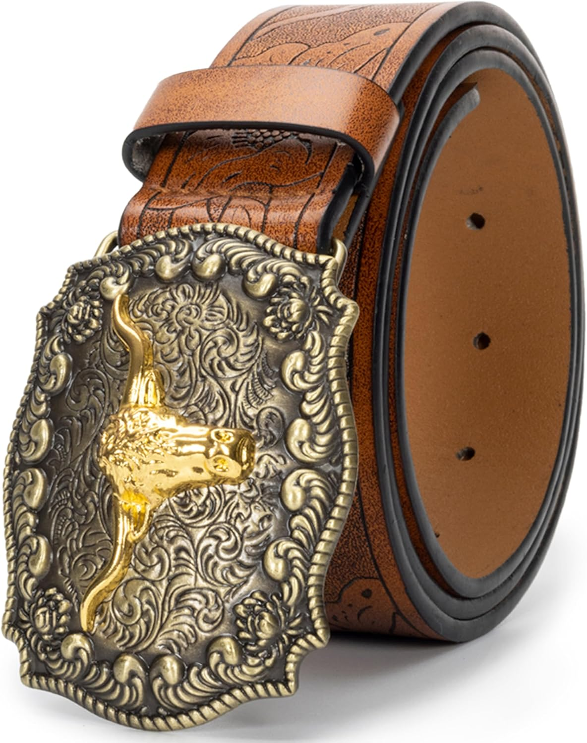 Men Women Western-Cowboy-Belt PU Leather Floral Engraved Bull Buckle-Belts for Jeans (For 27" to 41" Waist)
