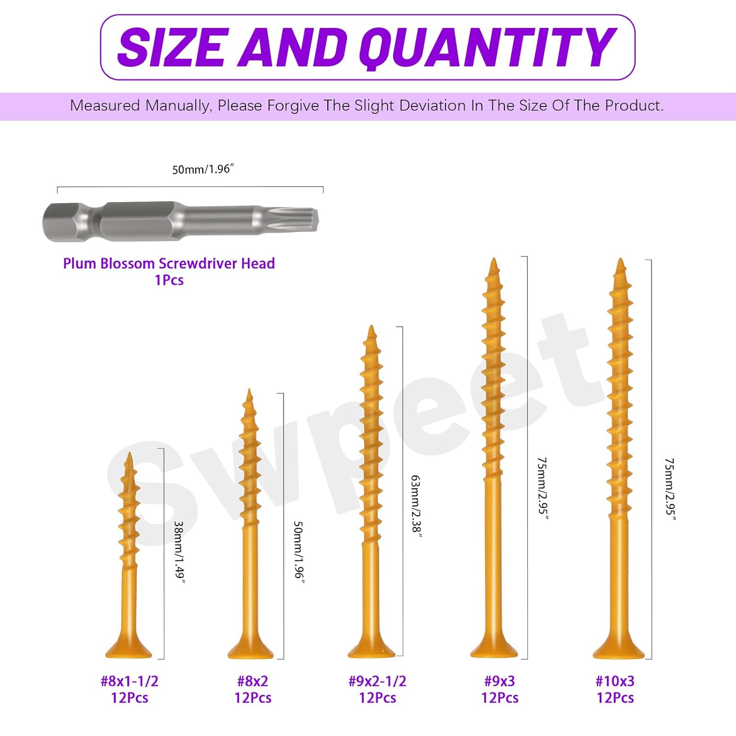 Swpeet 61Pcs 5 Sizes Khaki Deck Screws with T25 Star Bit Assortment Kit, T25 Star Torx Drive Flat Head Screws Rust Resistant, Exterior Ceramic Coated Wood Screw for Exterior Wood Projects image number 3