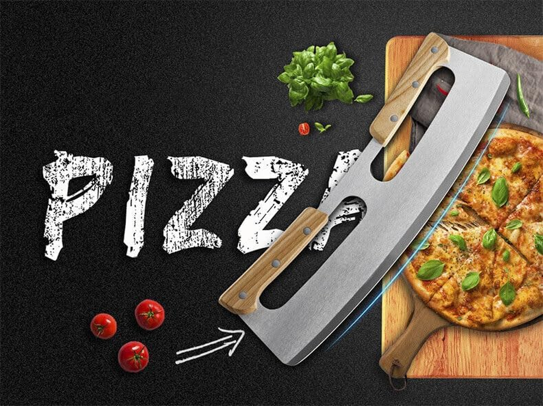 Leona Co 35CM Pizza Cutter Rocker, Stainless Steel Blade Knife with Wooden Handle & Protective Cover, Large Pizza Slicer Chopper Knife Cutters for Kitchen Tool image number 4