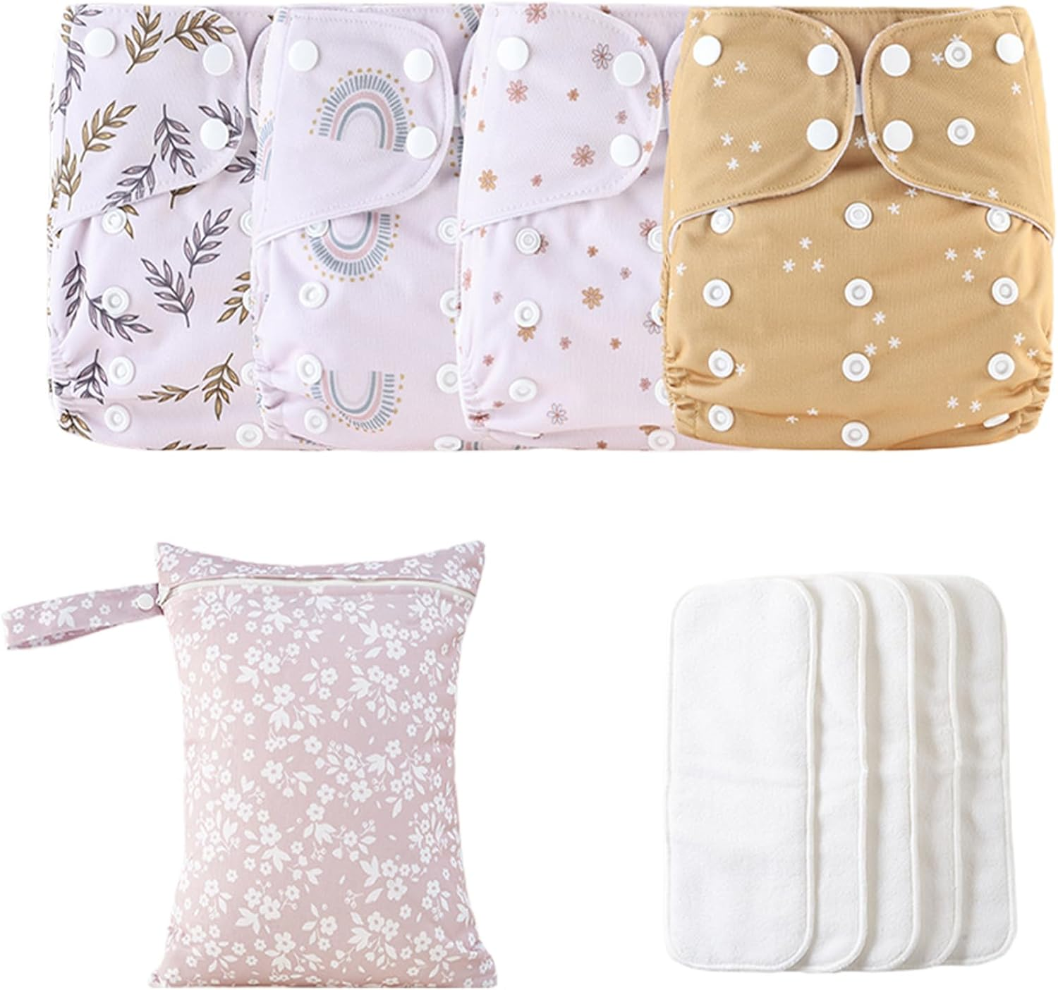 Reusable Cloth Diapers | Adjustable Washable Cloth Baby Diapers | 4X Absorbent Liners with 4 Inserts & 1 Wet Bag, Waterproof Cover for Toddler Boys Girls