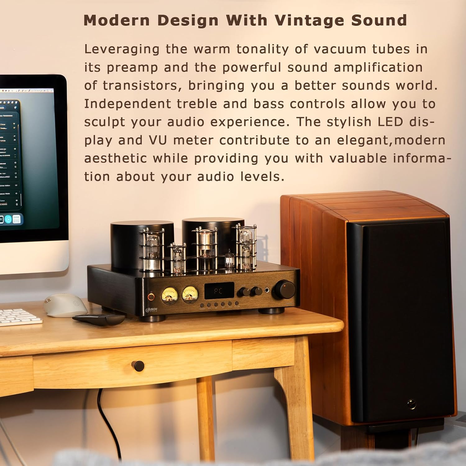 Juson Audio JTA100 200W Vacuum Tube Amplifier Integrated Hybrid with BT 5.0 Optical AUX RCA Phono Input and Headphone Output 2.1CH Class AB Hifi Home Audio for Turntable image number 6