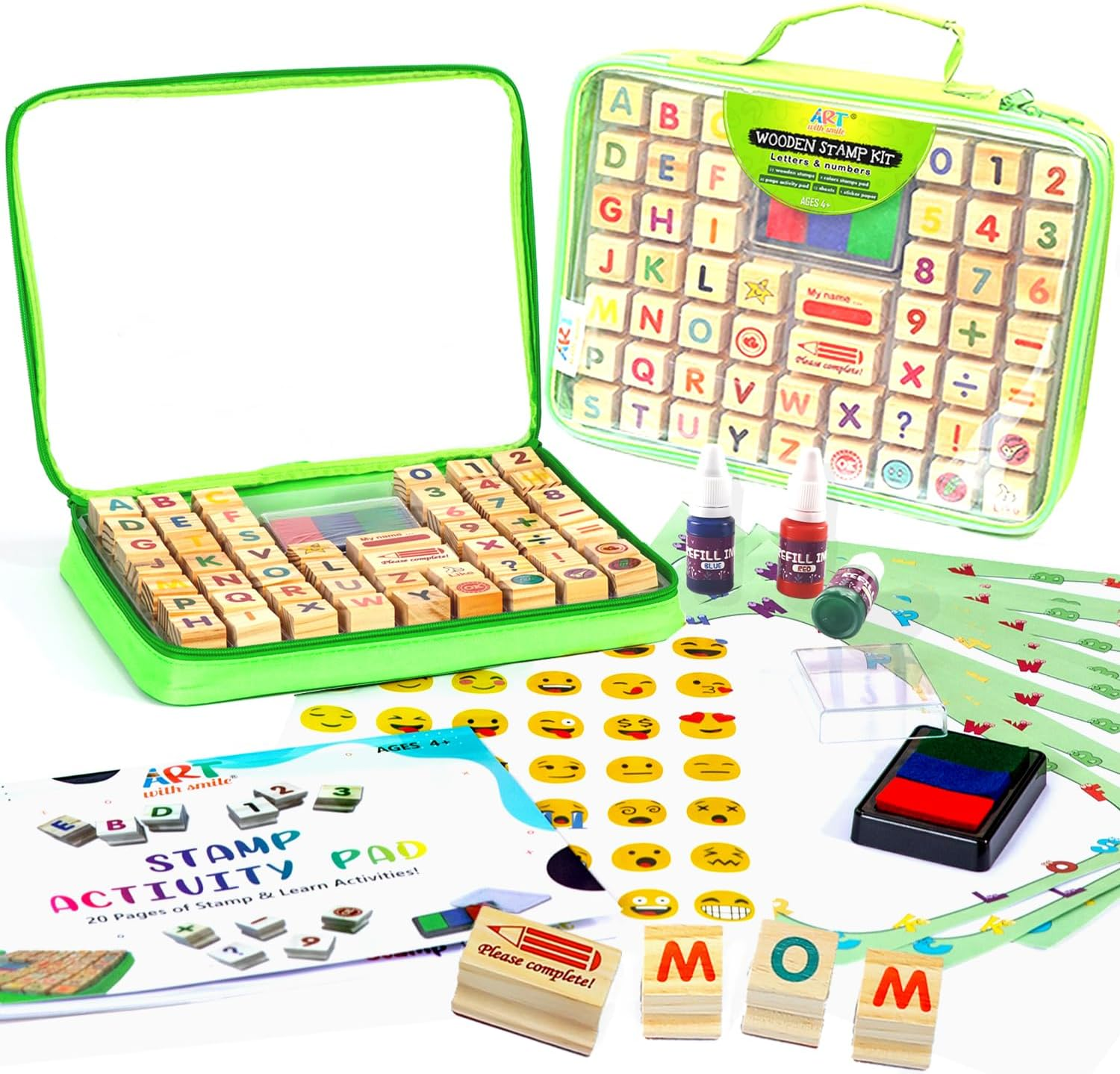 Large Wooden Stamp Premium Set for Kids. 72 Pcs Alphabet Stamps. Letters, Numbers, Emojis, 3-Color Washable Ink Pad, 3 Refill Bottles, Activity Book. Ideal Creativity Kit for Back to School image number 2