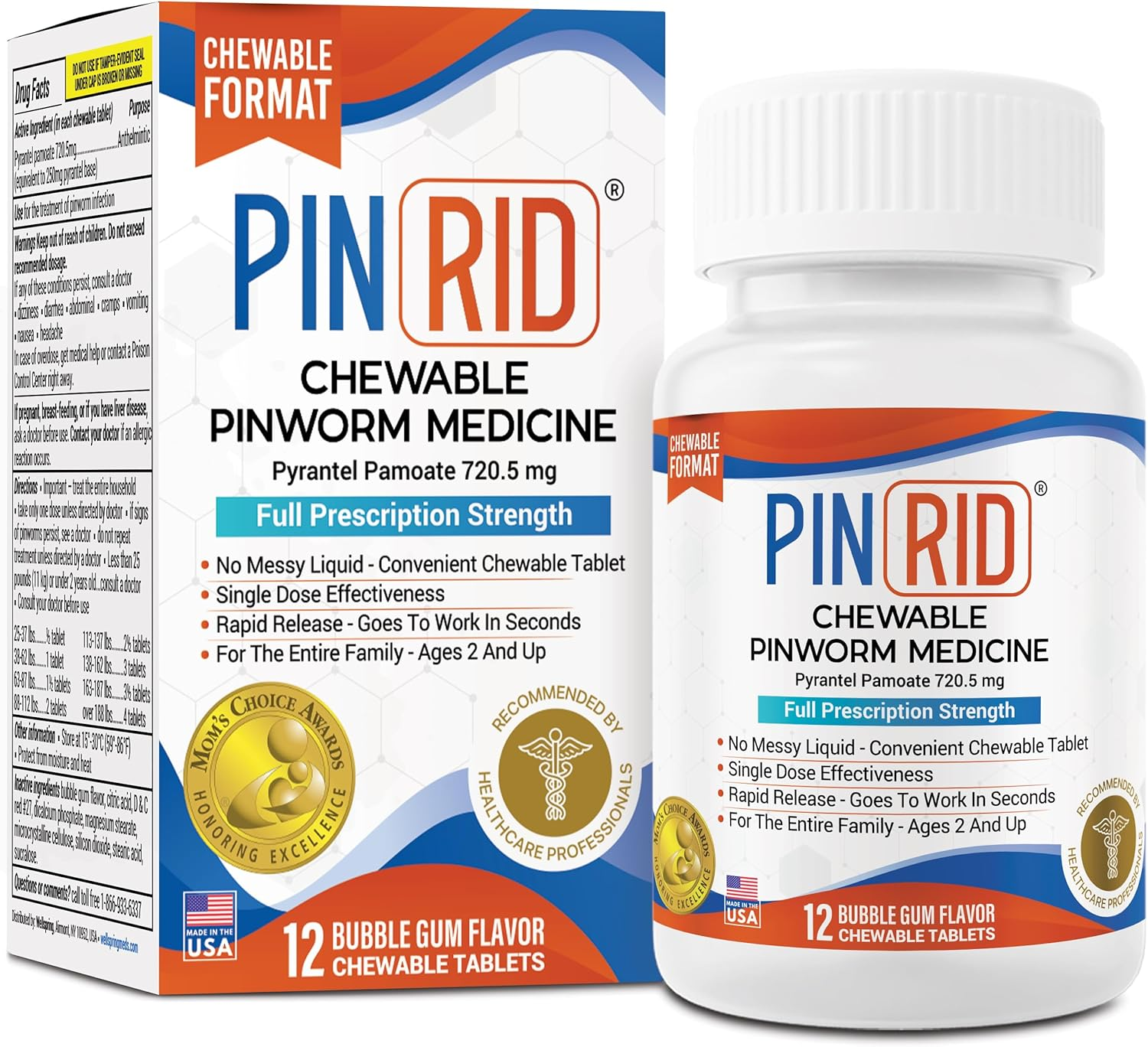 Pinrid Pyrantel Pamoate Dewormer for Humans - 250Mg, Pinworm Medicine for Adults & Kids, Fast Acting Human Dewormer Treatment for Pinworms, Hookworm, Roundworm, Whipworm, 12 Chewable Tablets