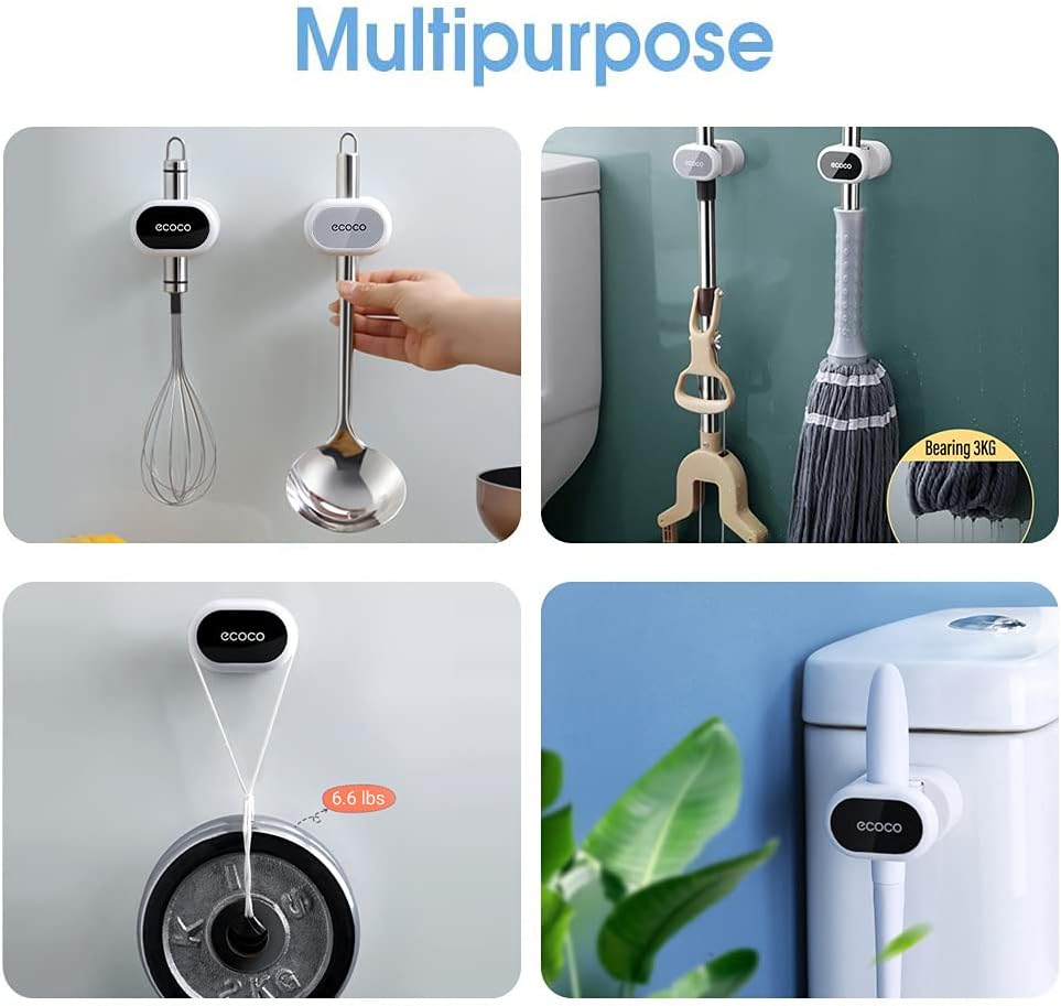 Mop Broom Tool Multipurpose Holder for Home Storage Organisation in Your Kitchen,Laundry,Garage,Garden,Caravan,Motorhome. Stylish Design.Easy Wall Mount SUPER ADHESIVE Strip. No Drilling.(White/Grey) - White/Black image number 5