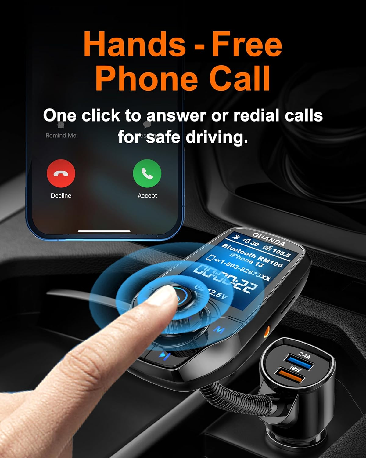 Bluetooth FM Transmitter In-Car Wireless Radio Adapter Kit W 1.8" Color Display Hands-Free Call AUX In/Out SD/TF Card USB Charger Fast Charging 18W for All Smartphones Audio Players - RM100 Black image number 1