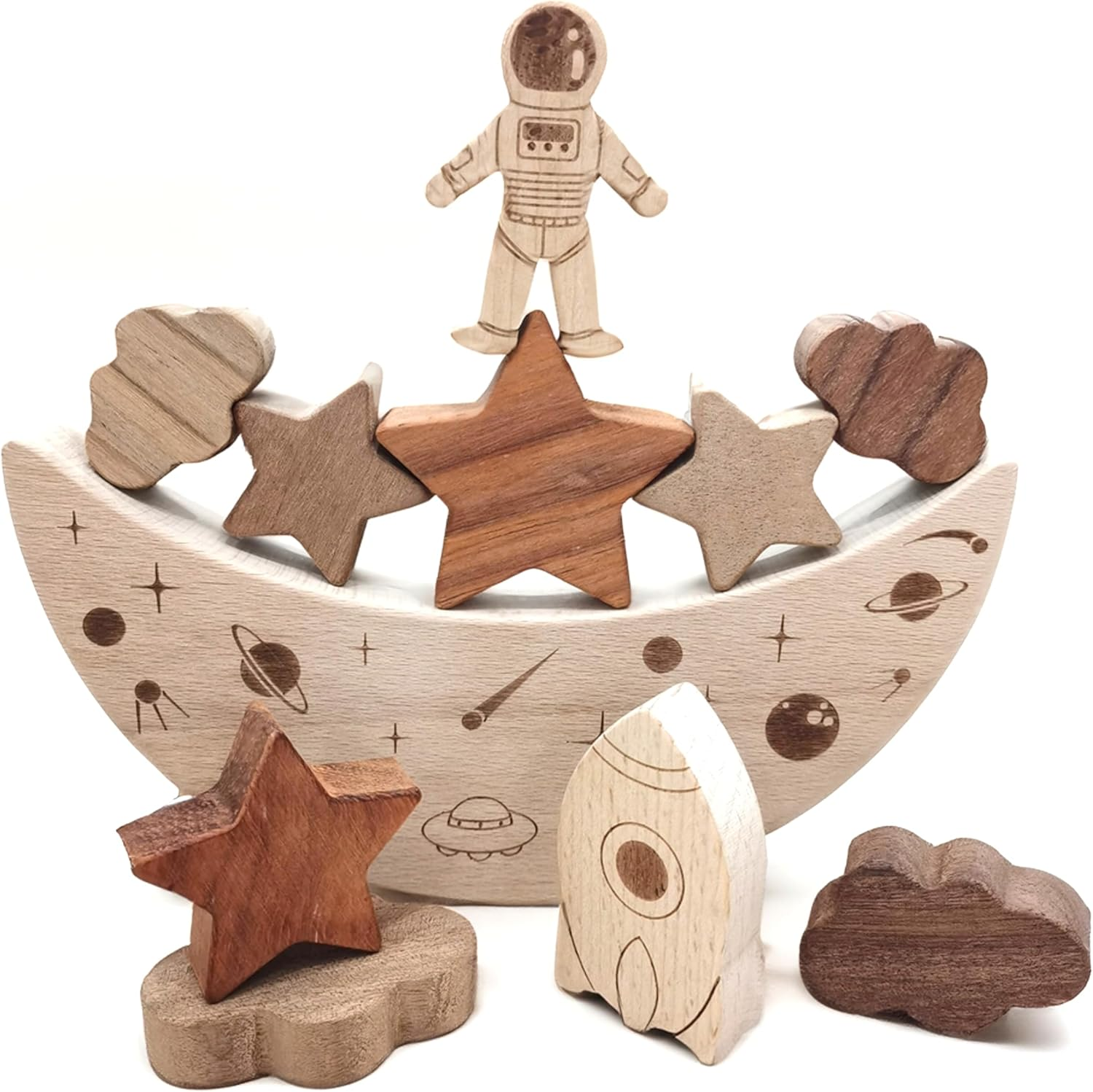 Montessori Wooden Balance Stacking Toys for Toddler, Wooden Stacking Blocks Toys, Toddlers Educational Toys for Baby Boy Girl Ages 3-5 Years Old,Space Theme Balance Game image number 4