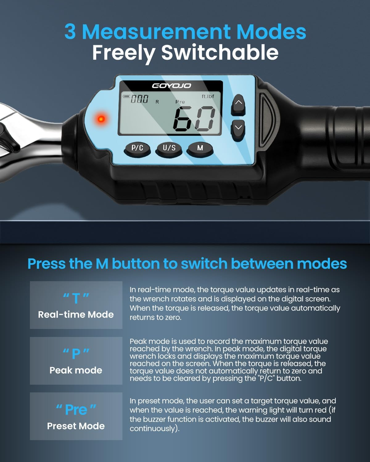 GOYOJO 2024 Newest 3/8" Digital Torque Wrench, High-Precision, Multi-Application - Ideal for Automotive, Motorcycle, Bicycle, DIY & Home Repair - Durable, Accurate, User-Friendly (3/8-60Nm) image number 4