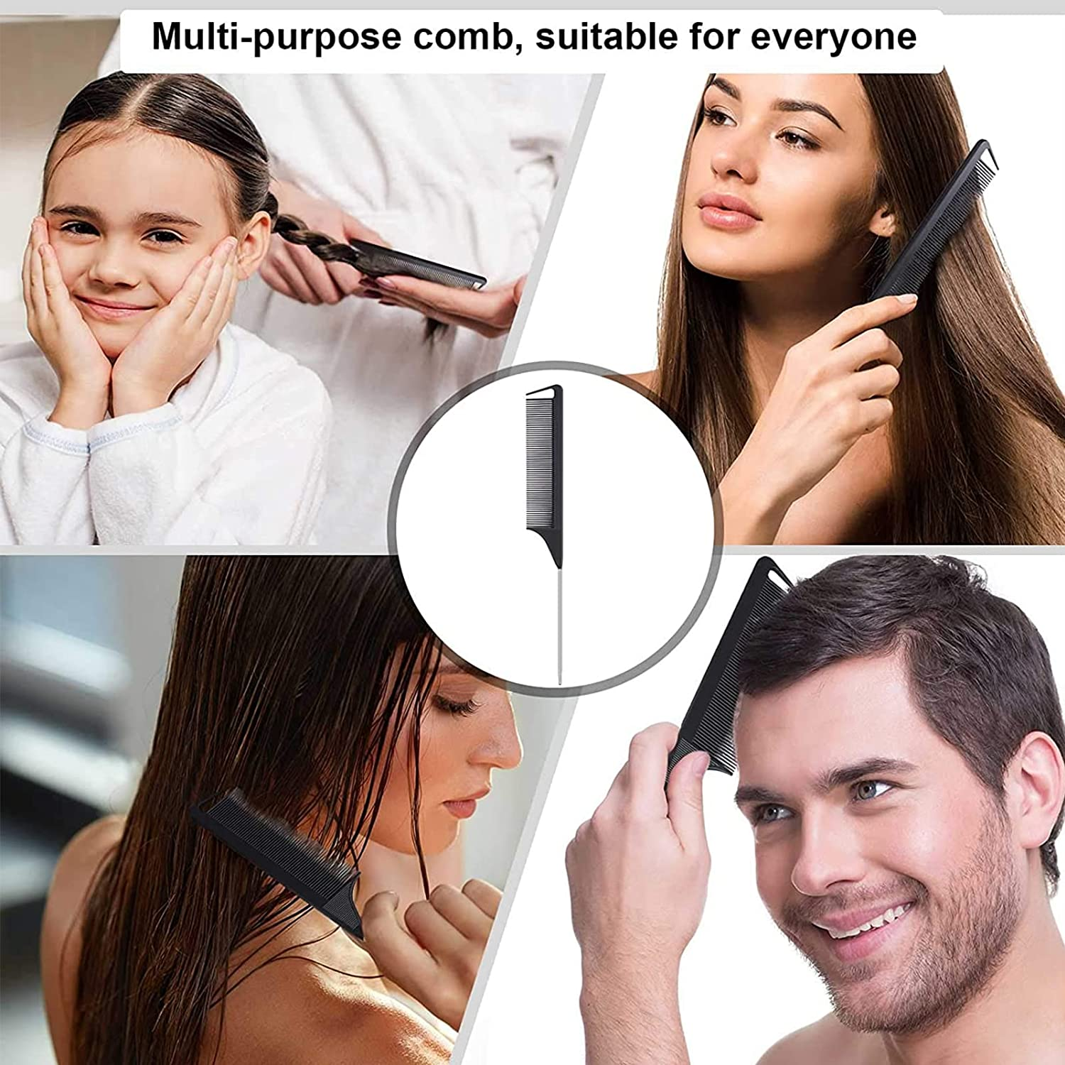 3 PCS Black Tail Combs,Carbon Fiber Stainless Steel Pintail Comb and Heat Resistant Teasing Comb,Metal Parting Combs for Hair Styling Barber Salon Hairdressing Tools